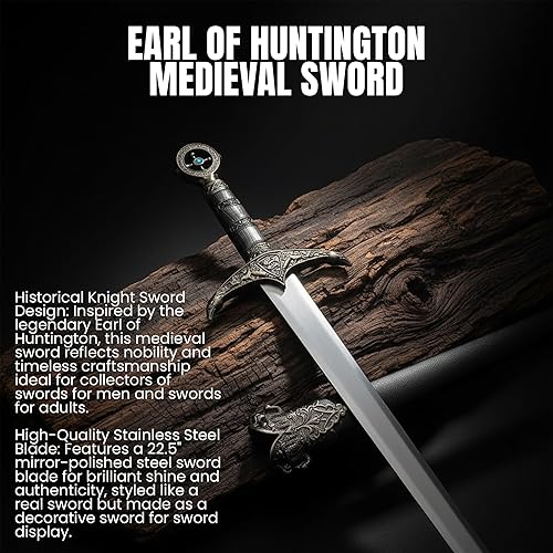 Miniatura 2 de SZCO Espada medieval Earl of Huntington de 33 pulgadas, réplica de espada histórica de caballero con hoja de espejo de espada de acero inoxidable,
