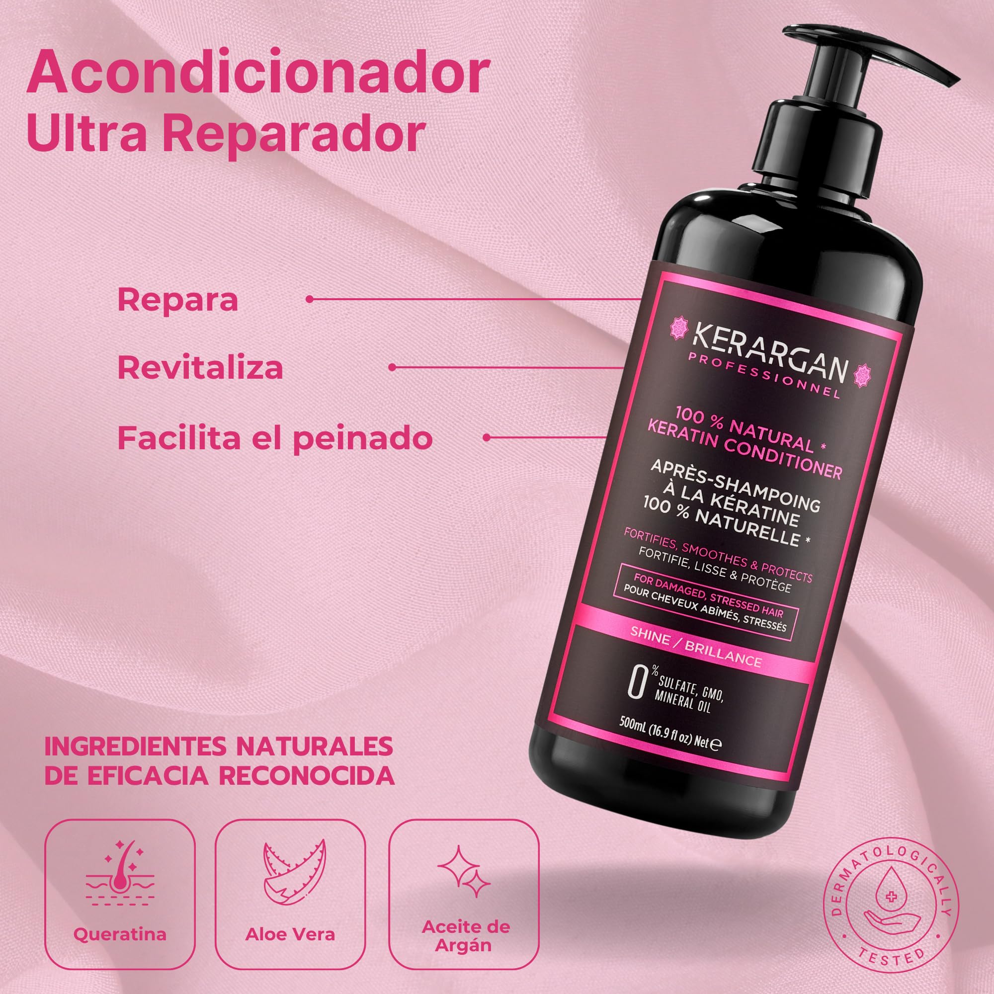 Kerargan - Kit Completo Ultra Reparador con Queratina Para Cabello Dañado y Estresado - Fortalece, Protege - Sin Sulfatos, Parabenos, Siliconas - 3x500ml + 100ml + 350ml + 250ml
