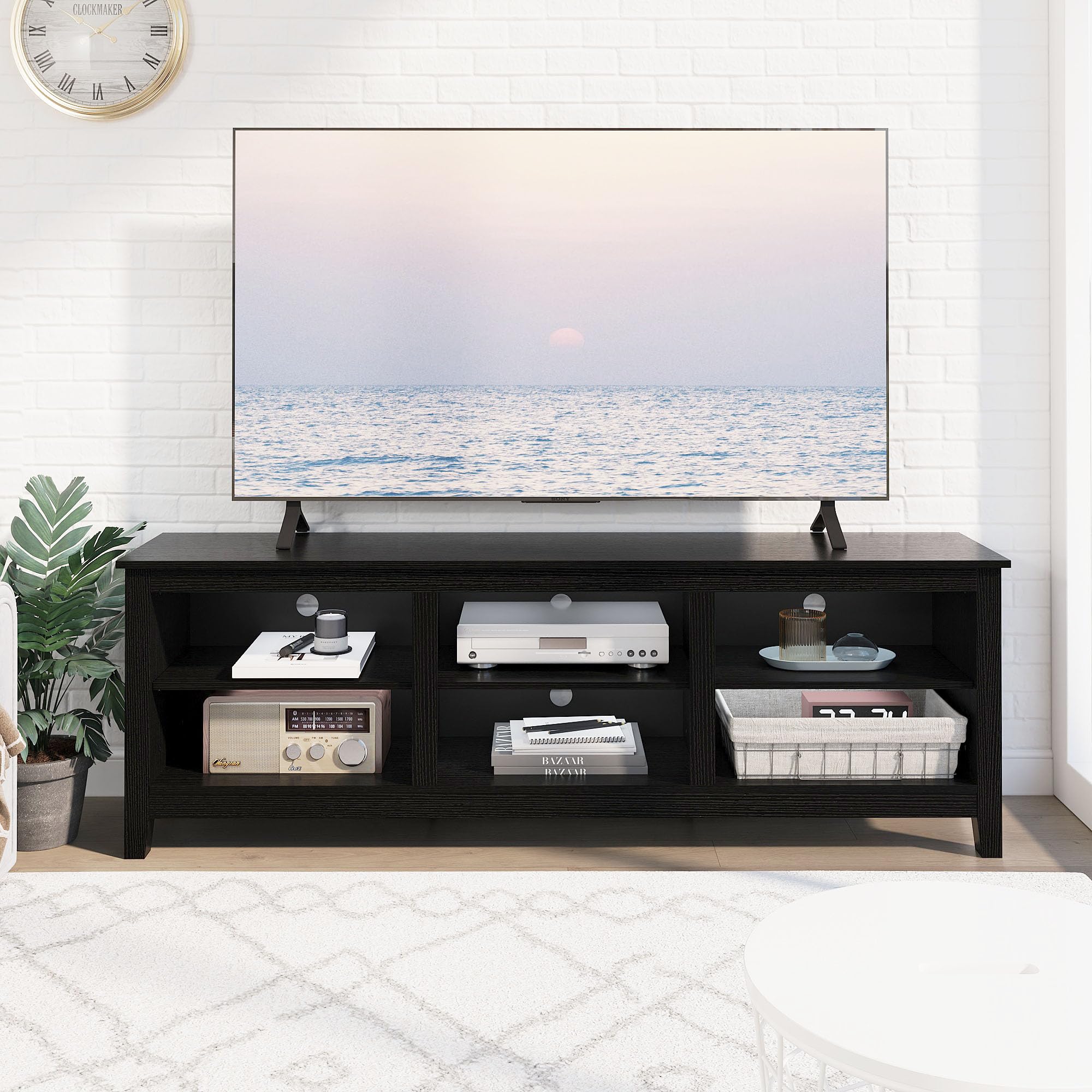 TV Stand for 75 inch TV with Storage,Modern TV Entertainment Center for Bedroom,TV Media Console Table with 6 Open Storage Shelve,63 inch Wood TV Cabinet Black