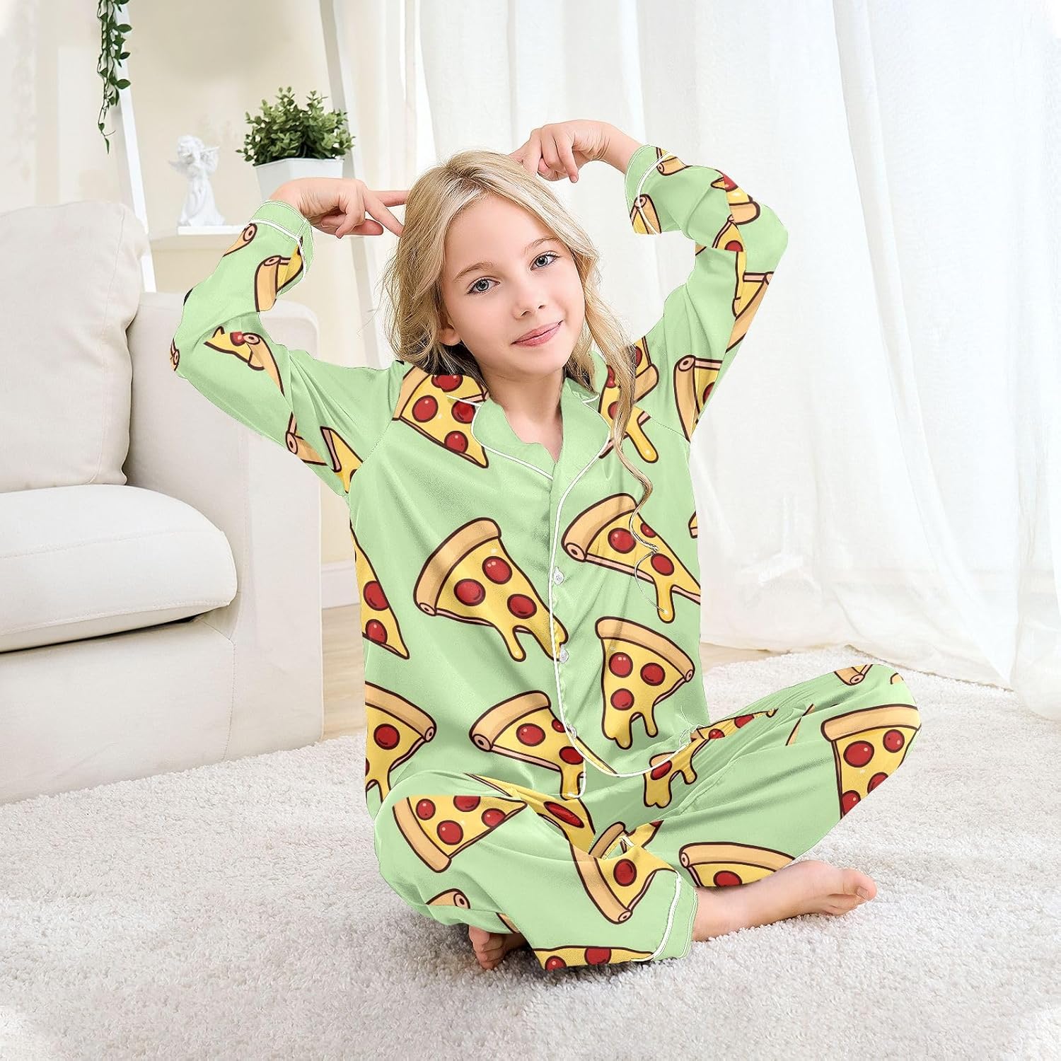 Kids Casual Satin Wear Set Pizza Pattern Unisex Relaxed Fit Clothing