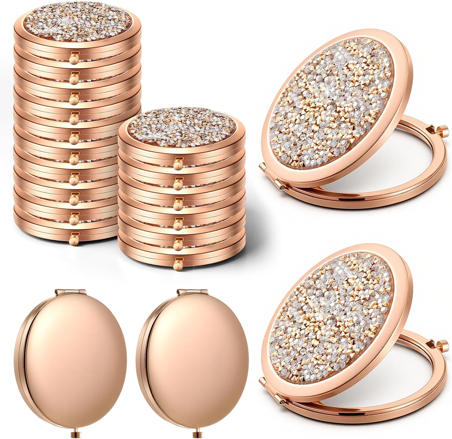 16 Pcs Gold Rhinestone Compact Mirror, 1x/2x Magnifying Double Sided Pocket Mirrors 2.75 Inch Travel Size Portable Mirror for Girls, Women, Bridal, Travel (Rose Gold)