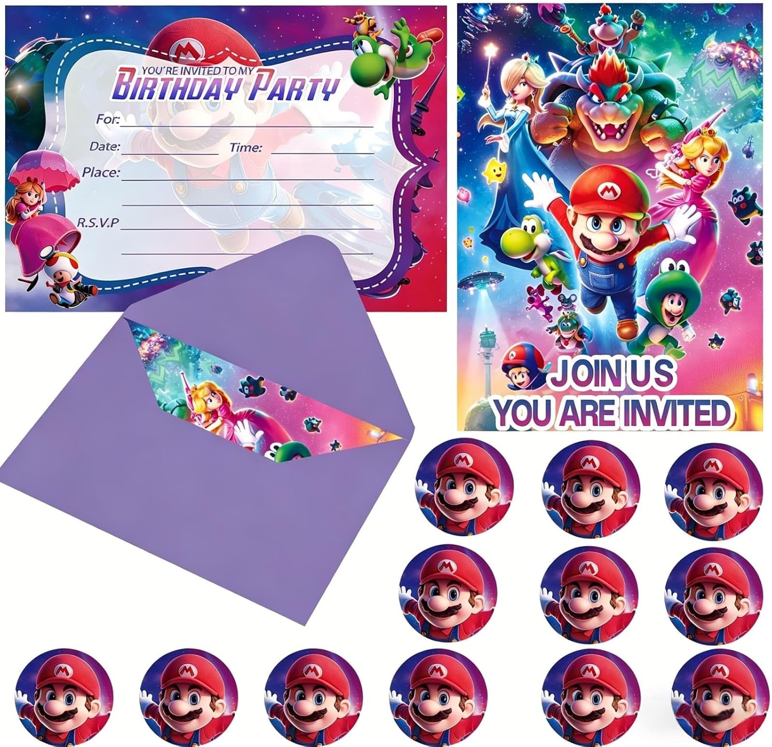 16pcs Mario Birthday lnvitation Cards Gift Cards with Envelopes and 16pcs Mario Stickers Party Decorations for Theme Party Supplies
