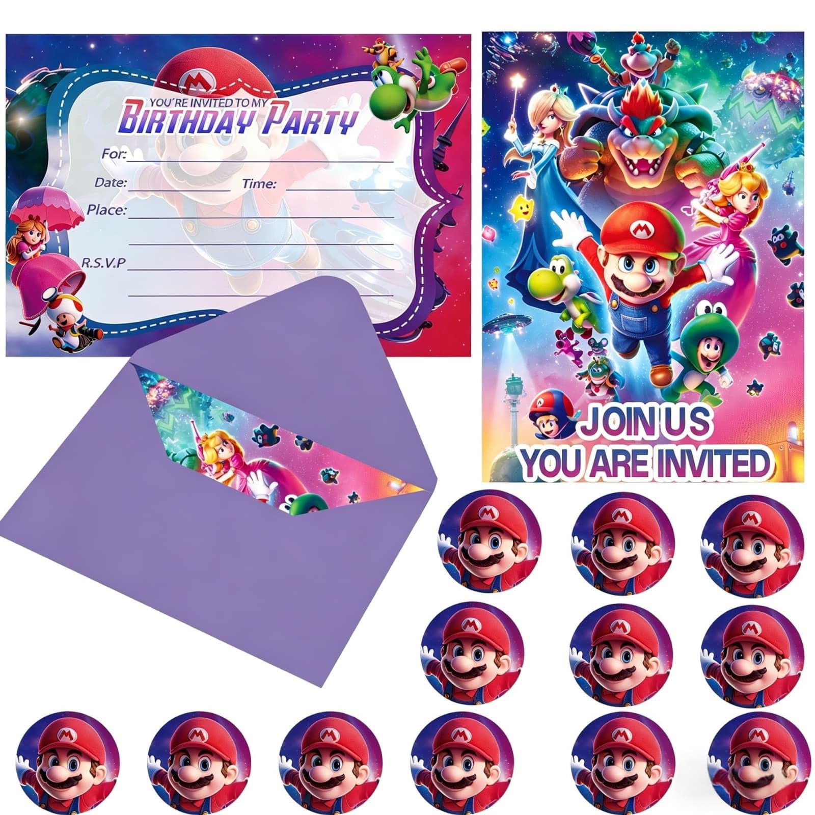 Tarjetas de cumpleaños de Mario con sobres y calcomanías para fiestas infantiles temáticas 6