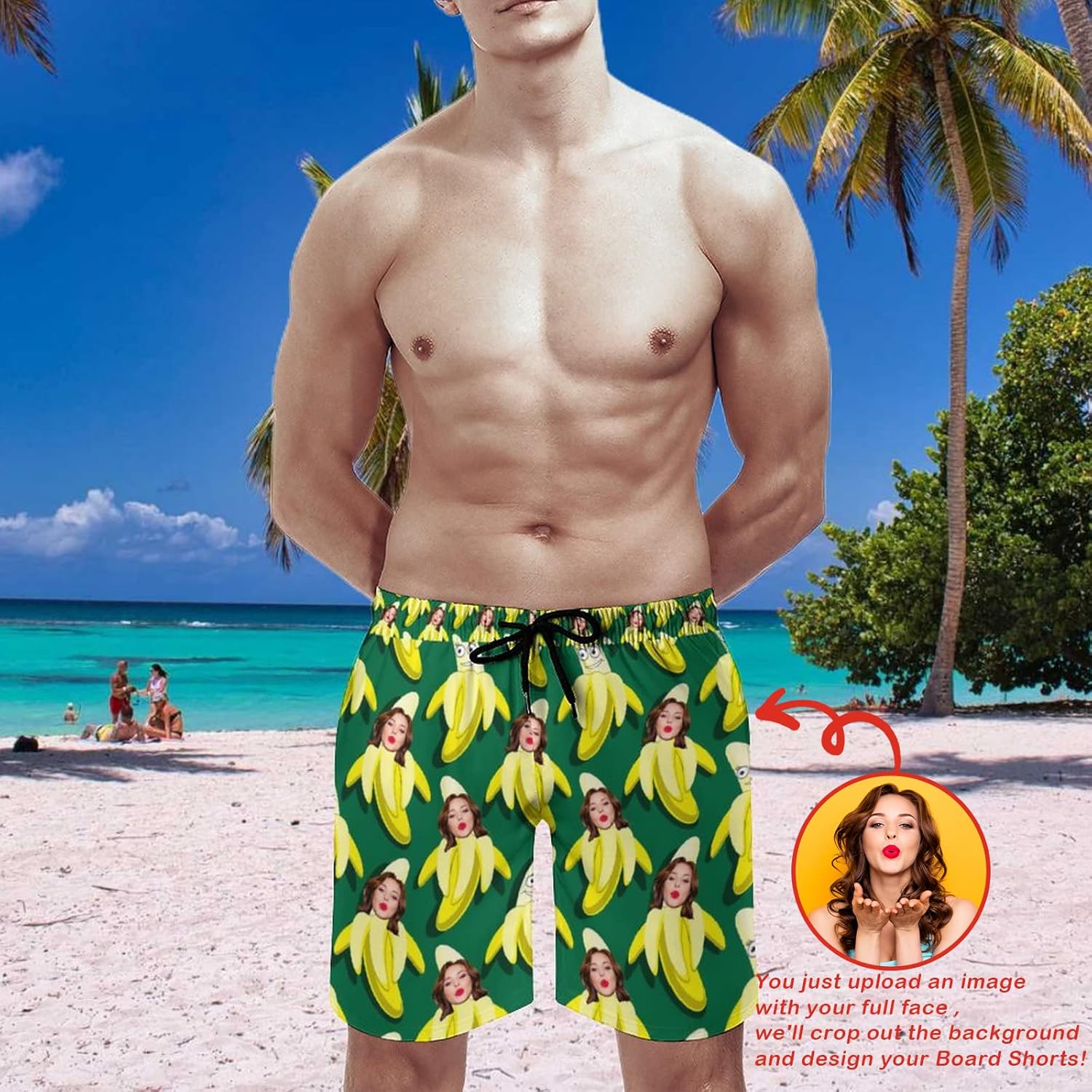 Custom Face Men's Stretch Swim Trunks Personalized with USA Flag Quick Dry Drawstring Elastic Waist Shorts Bathing Suit