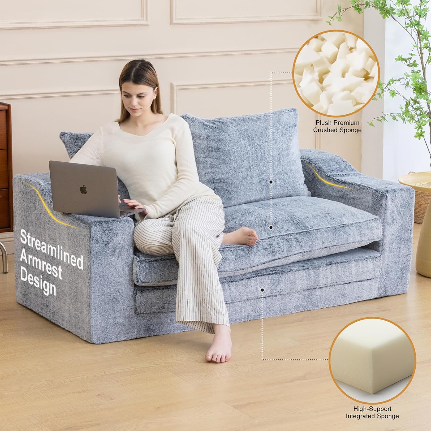 61" Convertible Sofa Bed Loveseat, Memory Foam Boneless Floor Couch with Removable Faux Fur Cover, Tri-folding Compact Full-size Sleeper for Small Living Room, Playroom, Guest Room, RV (White-on-Grey) | Convertible Sofa Bed, Premium Memory Foam, Ergonomic Design, Removable Cover, Soft Faux Fur Fabric, Space-saving