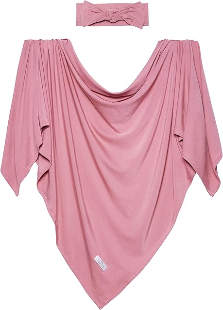 Posh Peanut Baby Swaddle Blanket- Large Premium Knit Viscose from Bamboo- Infant Swaddling Wrap, Receiving Blanket and Headband Set- Dusty Rose