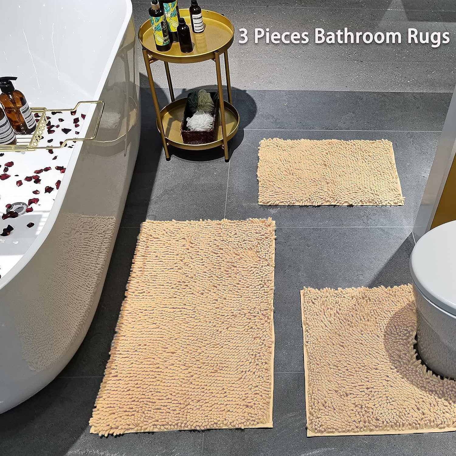 COMPOLICY 3 Piece Bath Mat Set, Beige Non Slip Chenille Bathroom Mats, Washable Super Absorbent Toilet & Shower Rug Set for Bathroom - Image 2