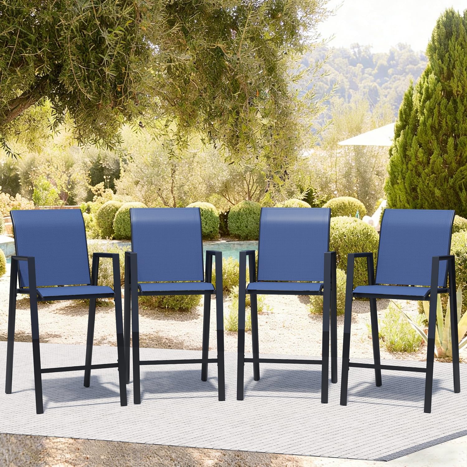 Outdoor Bar Stools Set of 4, Bar Height Patio Chairs with High Back & Armrest, All-Weather Bar Height Furniture for Balcony, Counter and Pool, Blue