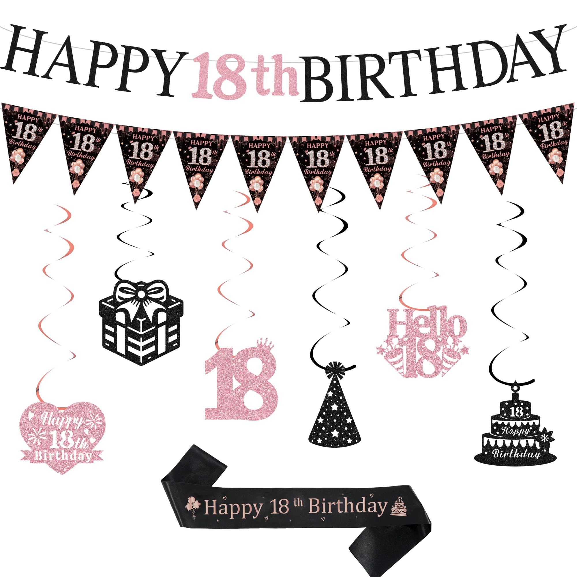 Sroeeshee 18th Birthday Party Decorations - Black Rose Gold Happy 18th Birthday Banner Pennats Hanging Bunting Sash Kit, Ideal 18 Years Old Bday Girls Supplies with Ribbon