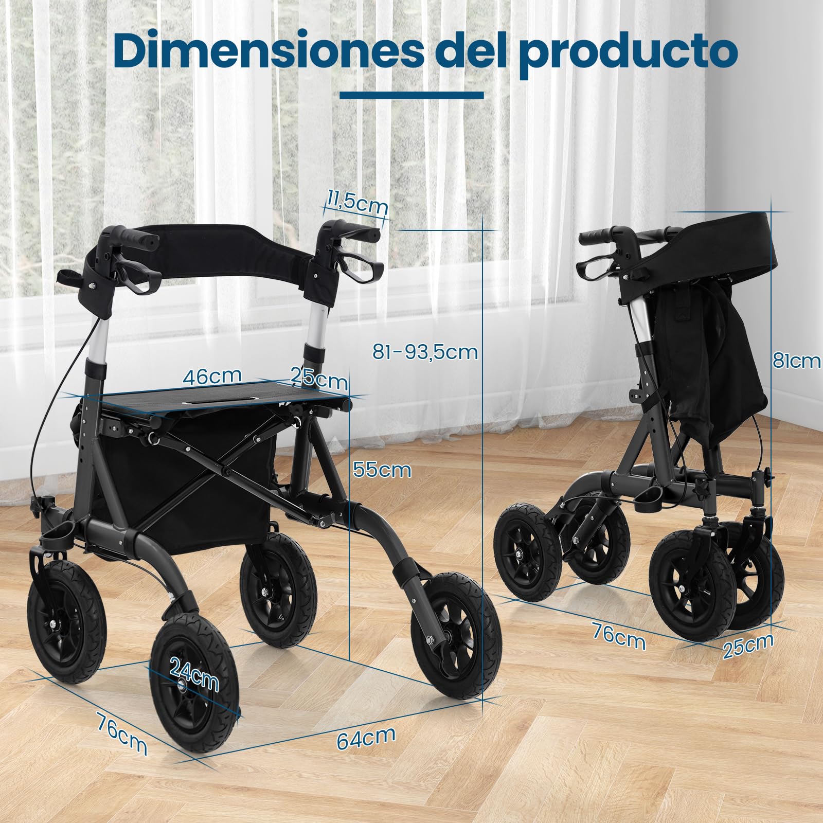 GOPLUS Andador de Altura Ajustable, Andador Plegable con Asiento, Rueda Todo Terreno Neumática de 24 cm, Bolsa de Almacenaje, 160 kg de Capacidad, Andador Ligero para Personas Mayores (Negro)