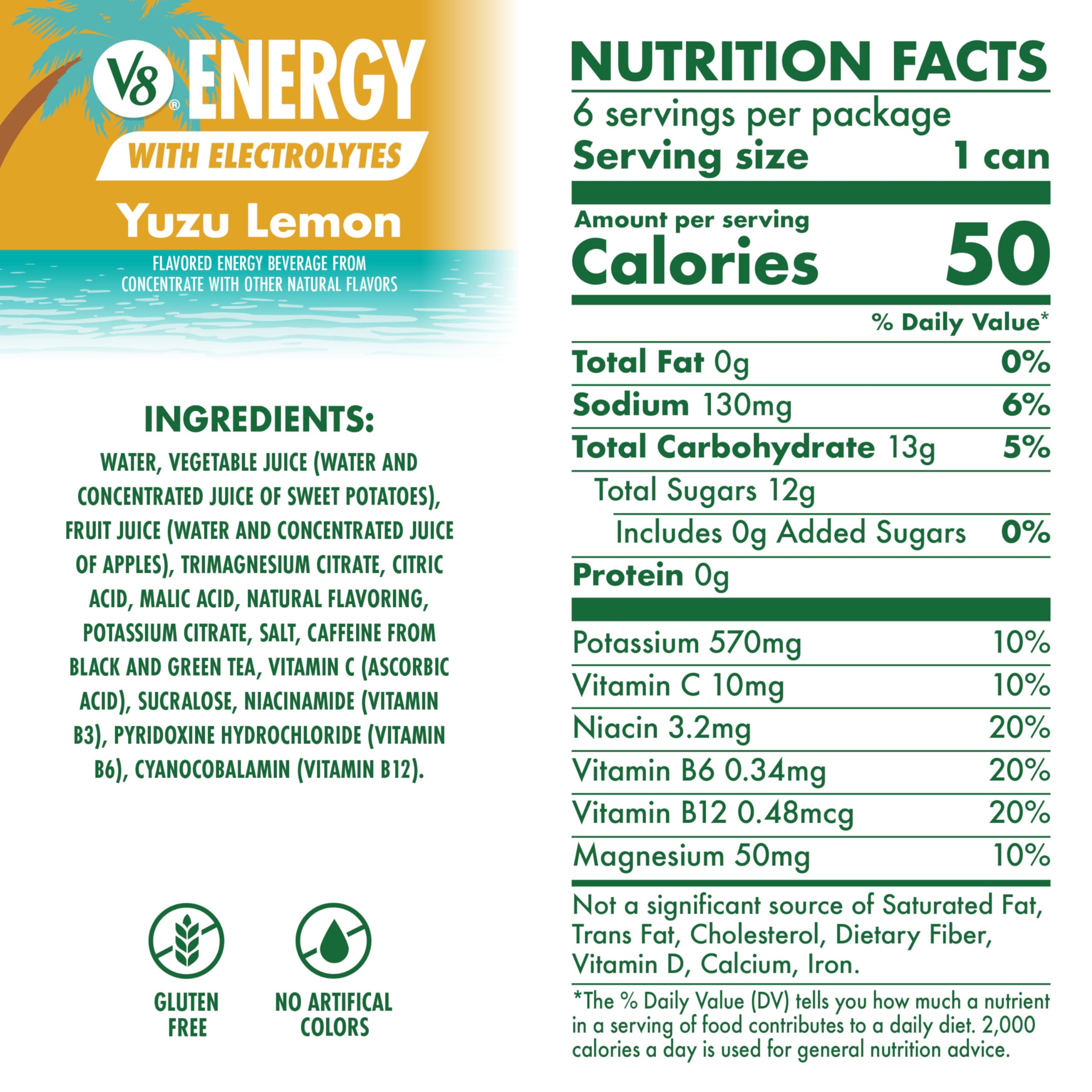 V8 Energy Yuzu Lemon Energy Drink, 8 fl oz Can, 6 pack