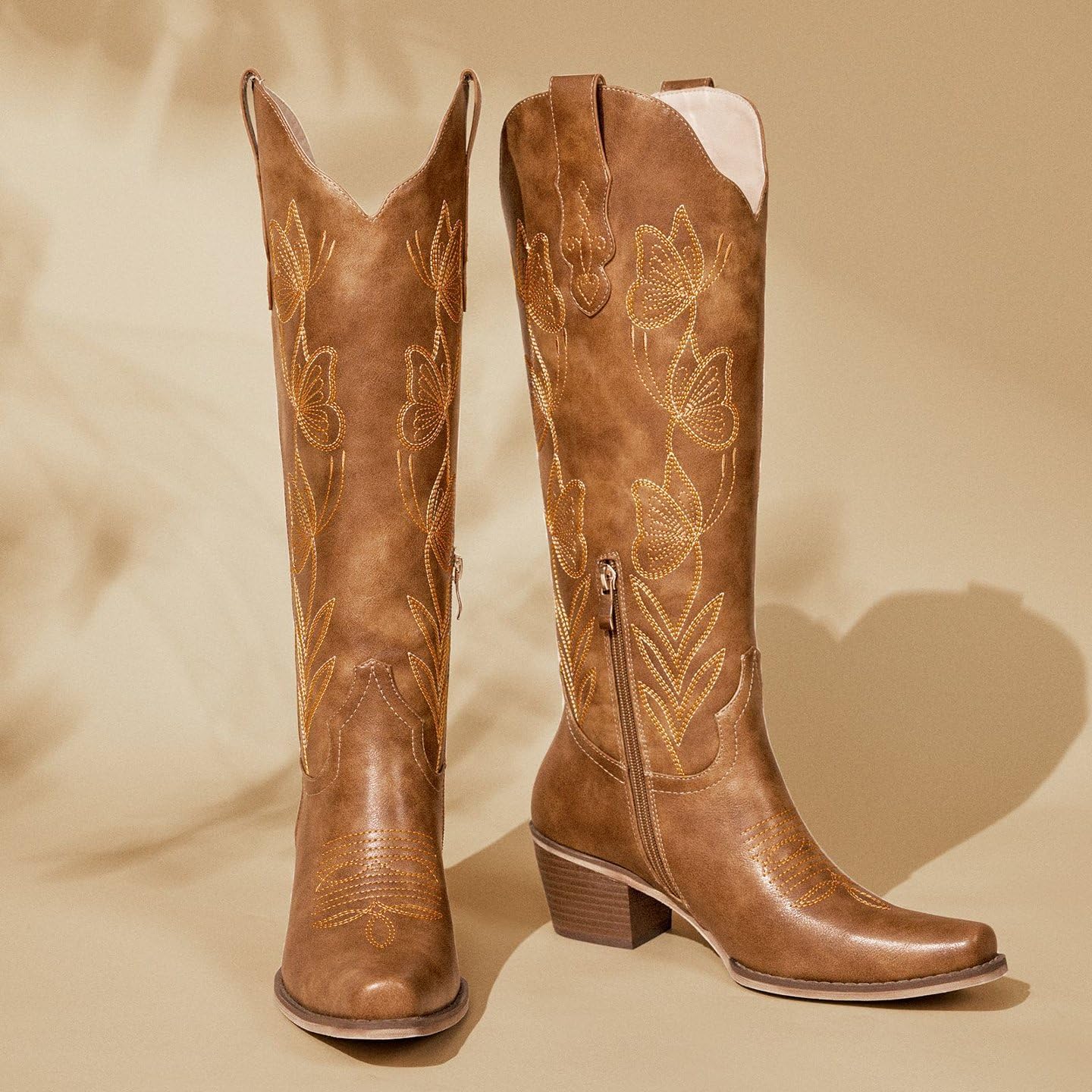 wetkiss Cowboy Boots for Women Knee High Cowgirl Boots - Butterfly Embroidered Zipper Chunky Heel Boot, Casual, Festivals, Shopping & Western Parties, Vintage Style Comfort Tall Boot - Image 6