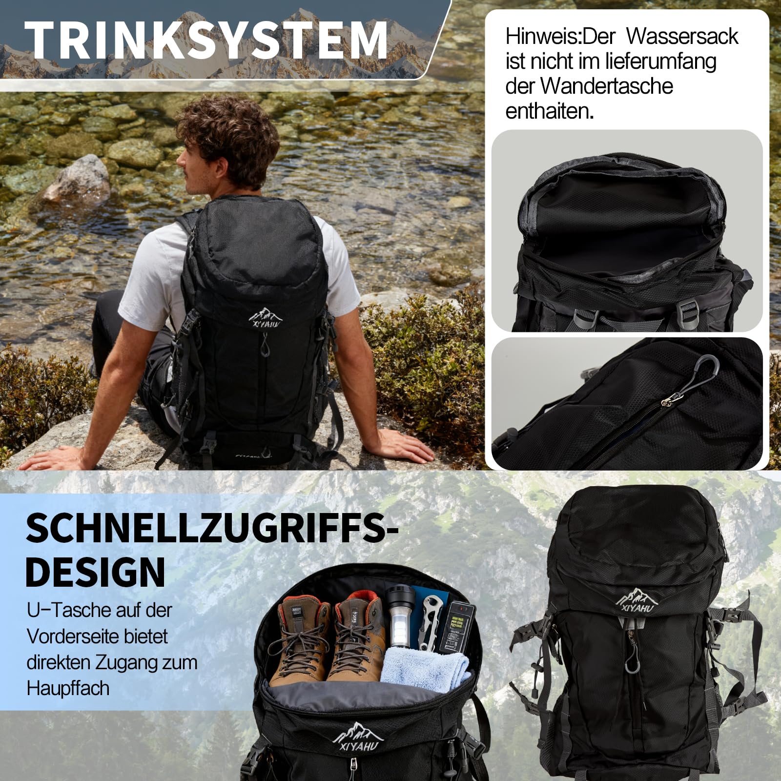 Wanderrucksack 60L Wasserdicht mit Regenhülle – Trekkingrucksack mit Tragesystem, Trinksystem-Kompatibilität, Schuhfach, Leicht & Ergonomisch für Camping, Wandern & Mehrtagestouren (Schwarz)