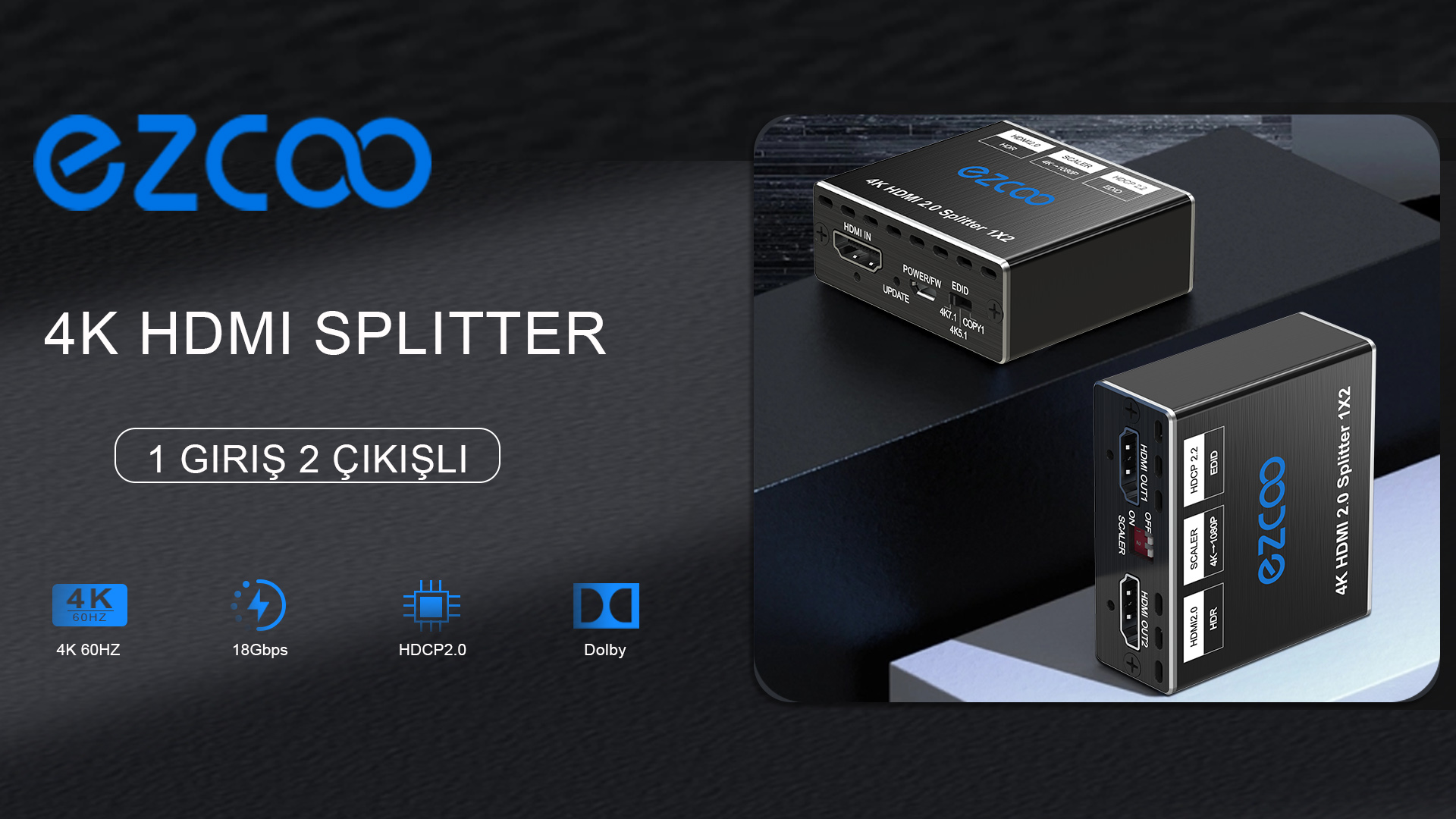 4K 60Hz HDMI Splitter 1x2 1080P 120Hz HDCP HDR 18Gbps UHD Dolby