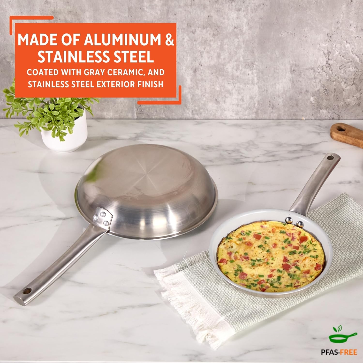 IMUSA 8” & 10” Stainless Steel Frying Pan Set with Gray Ceramic Non Stick Coating, 2 Ply Aluminum Construction, Oven Safe and Induction Compatible Skillet Duo