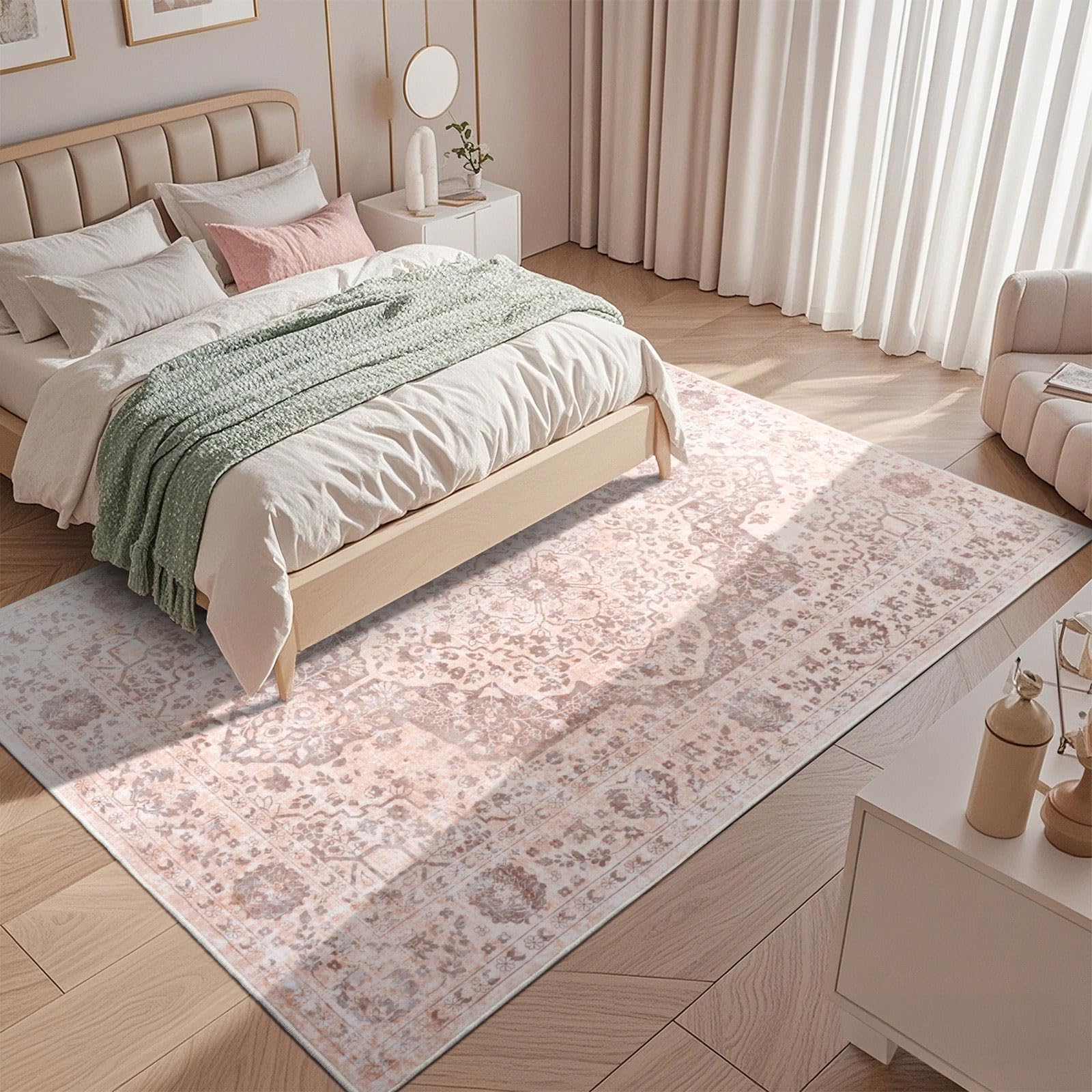 Vintage Teppich Wohnzimmer 160x230cm, Waschbarer Teppich Schlafzimmer, Boho Kurzflor Esszimmer Teppiche, Weich rutschfest Teppiche für Küche Kinderzimmer, Rosa Orange