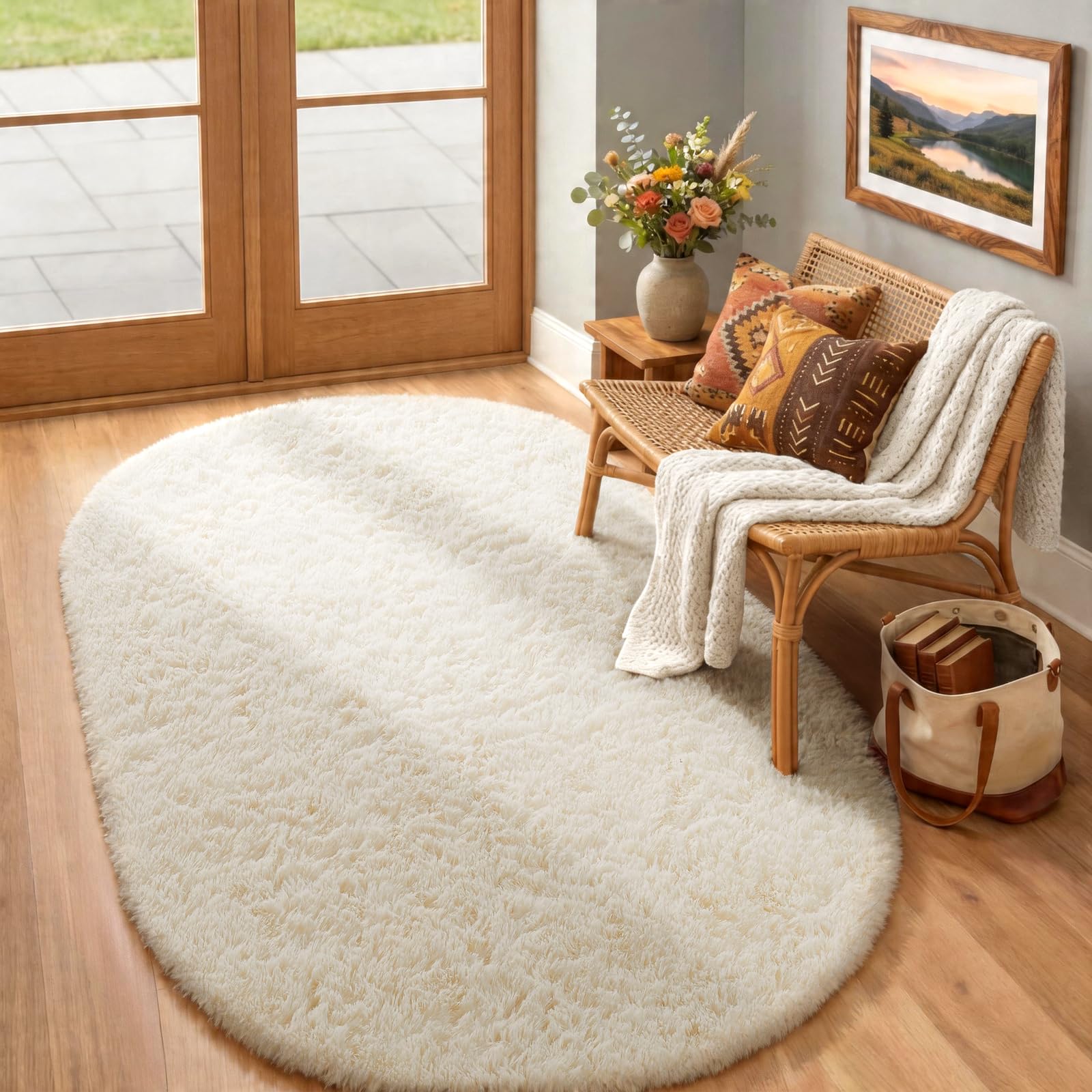 Ophanie 4x6 Oval Ivory Rugs for Bedroom Living Room,Fluffy Fuzzy Furry Carpet,Plush Soft Shaggy Indoor Floor Area Rug for Kids Girls Boys Baby Teen Dorm Decor with Over 99 pcs Pile fibers