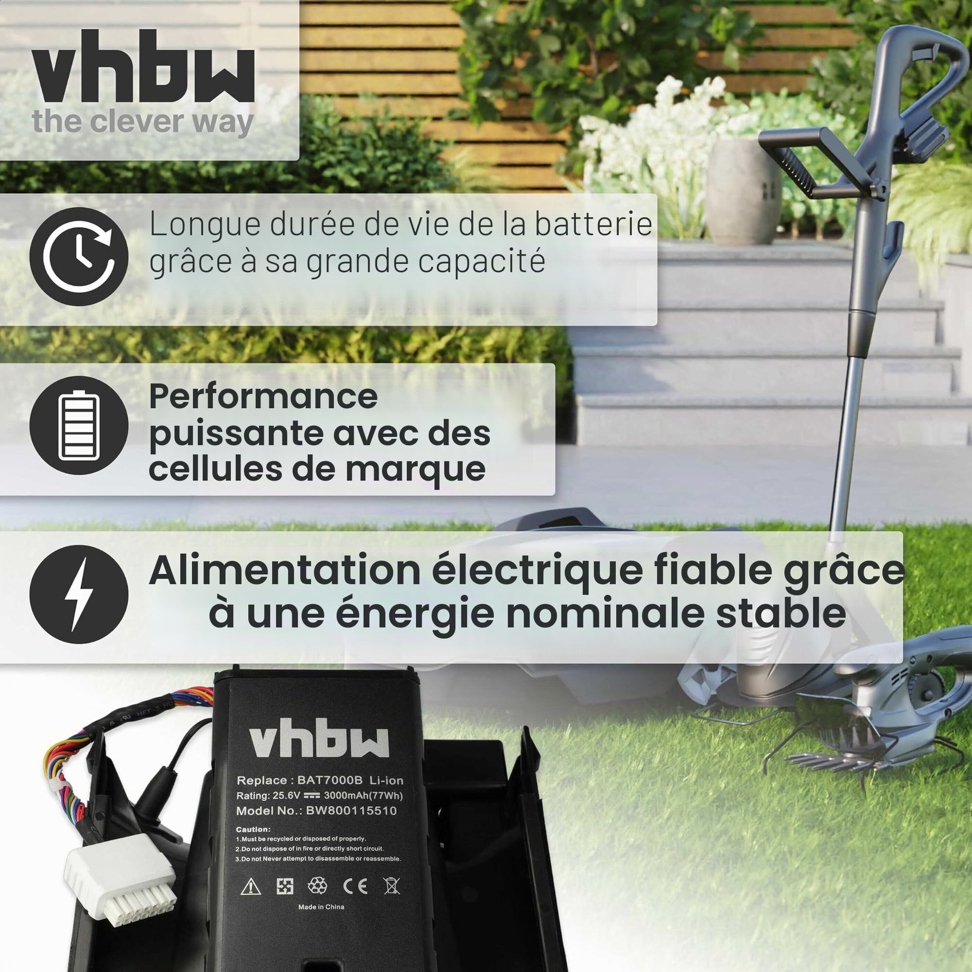 vhbw Batterie Compatible avec Robomow Premium RC302/304/304u/306/308/308u/312/312u - Remplacement pour BAT7000B, MRK7005A- (Li-ION, 3000mAh, 25.6V)