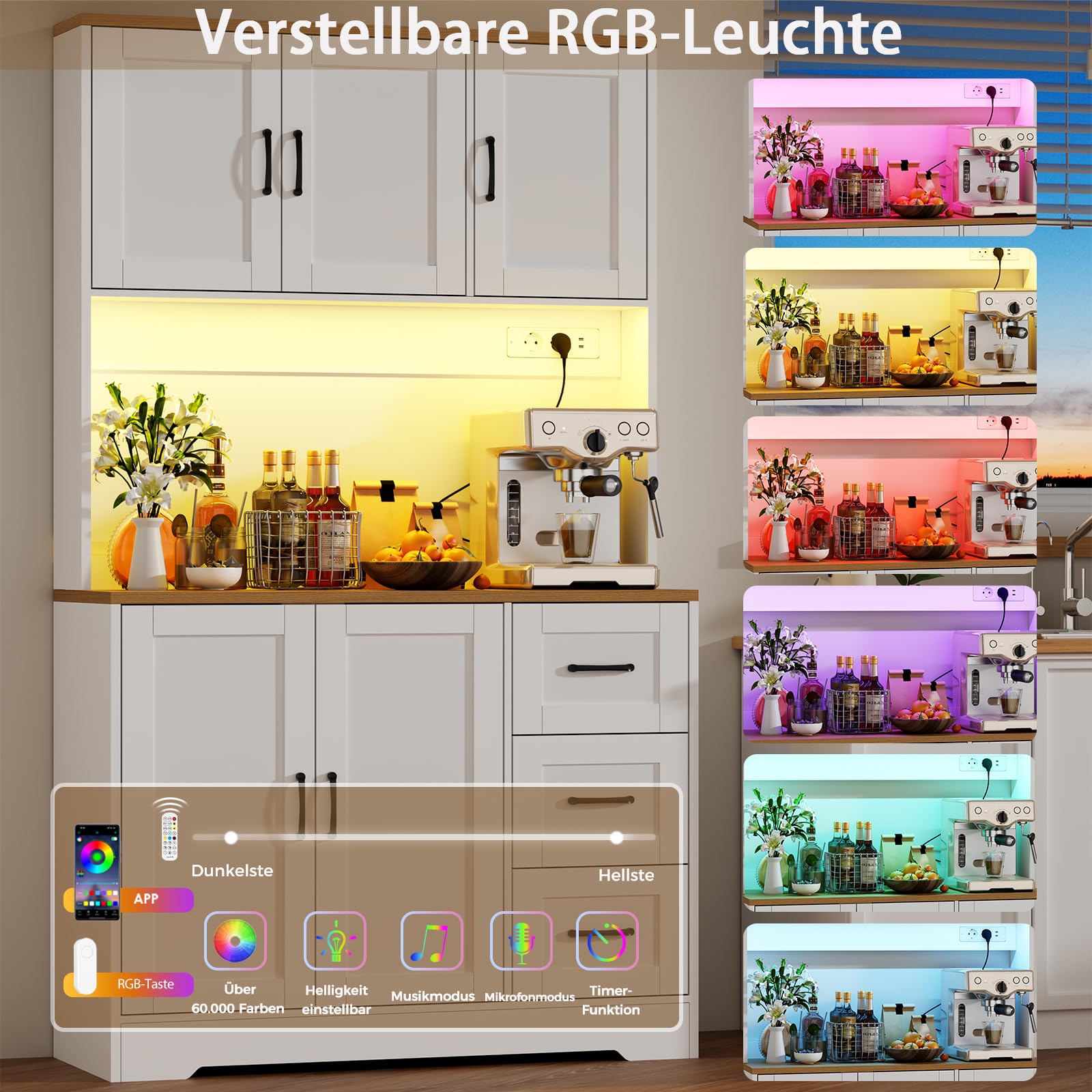 BEWISHOME küchenschrank mit LED Licht und Steckdosen küchenbuffet Buffetschrank, Sideboard Hochschrank, 2 Oberkabinette 3 Schubladen 2 Türen, Verstellbare Einlegeböden, 180x100x40 cm, Weiß, EZCG04W