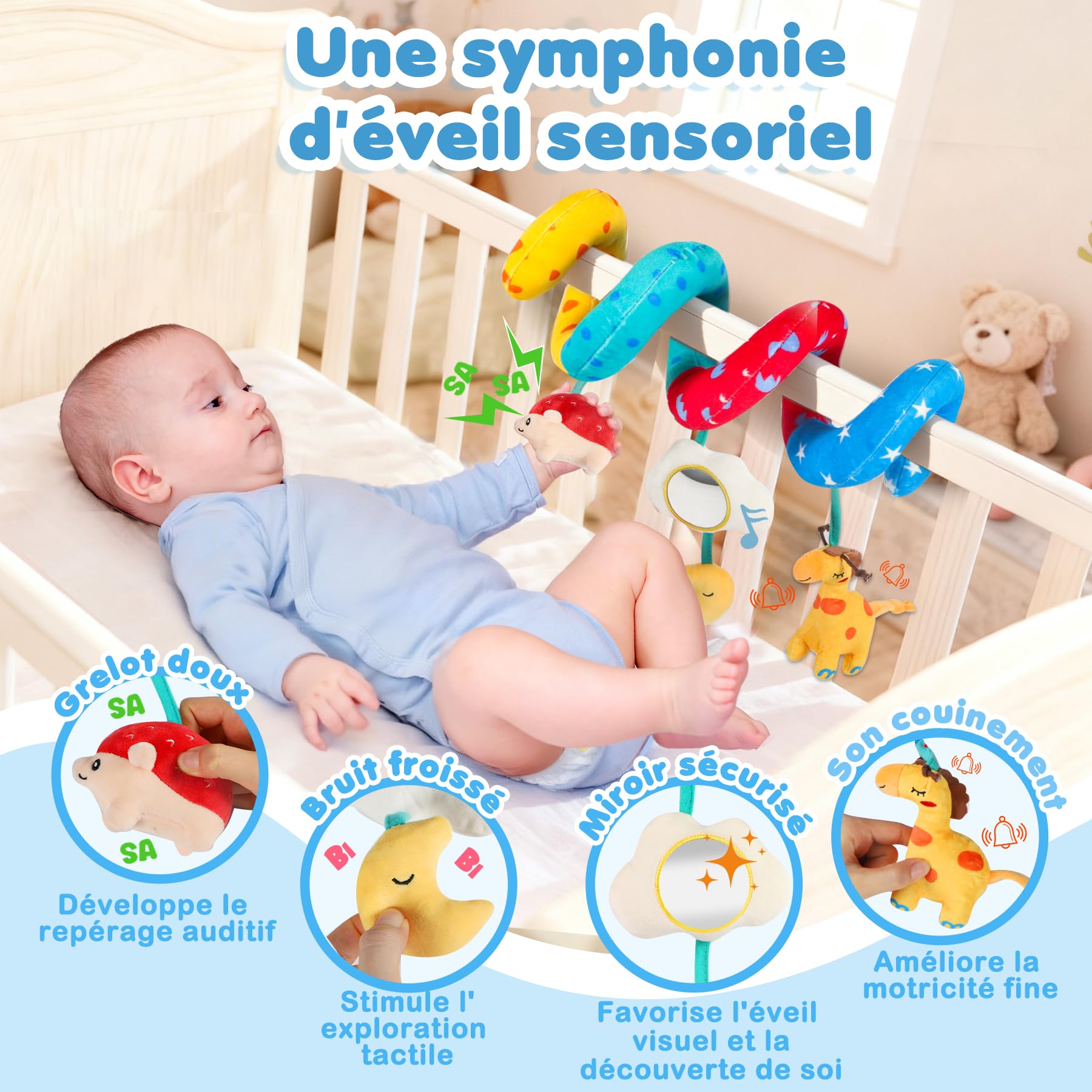 URMYWO Spirale d'Activité Bébé - Arche d'Éveil avec Jouet Sensoriel aux Contrastes Noir et Blanc, à Accrocher sur la Poussette, Le Lit ou Le Siège Auto pour Stimuler la Motricité - Idéal 0-6 Mois
