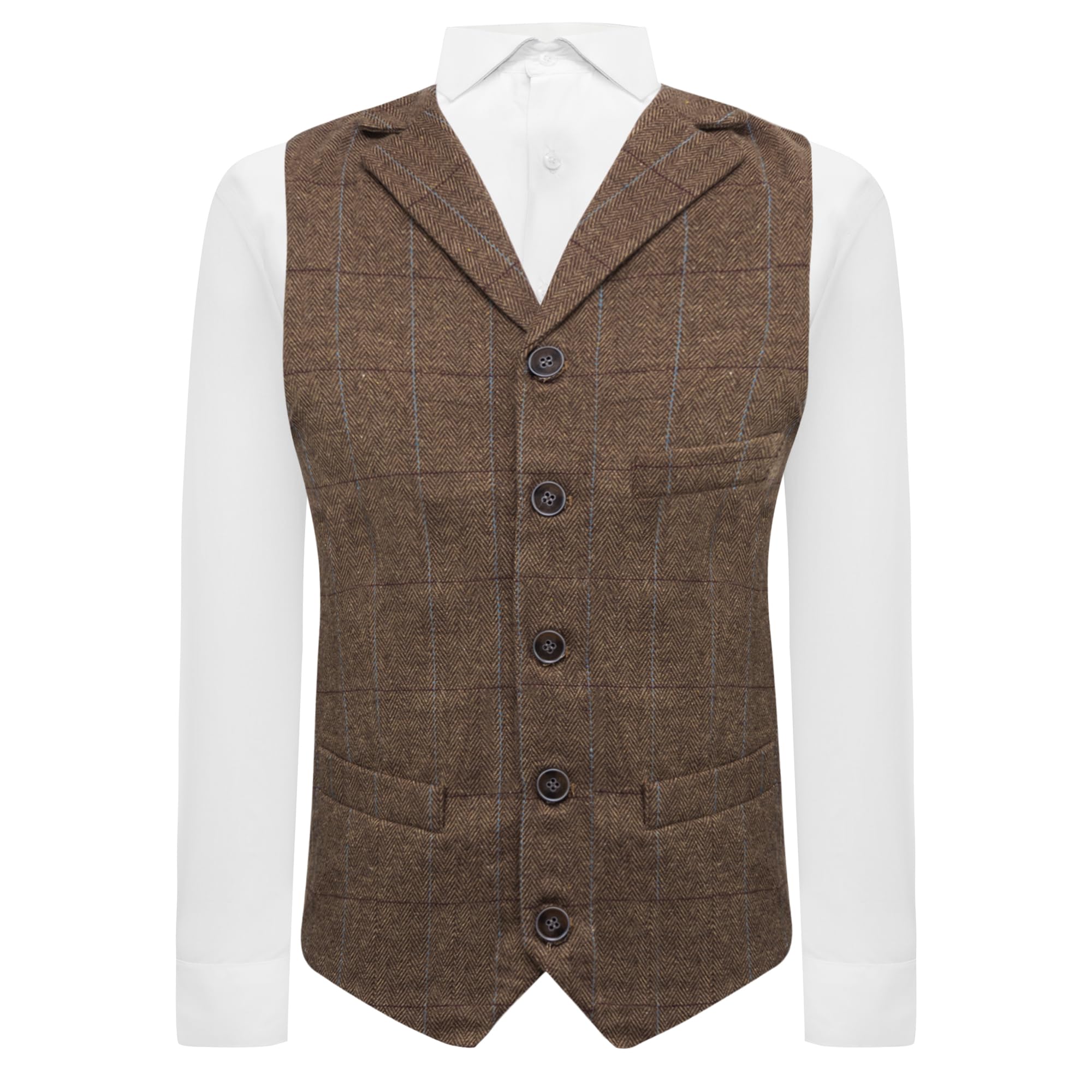 King & Priory Brown Herringbone Tweed Mens Waistcoat with Lapel - XXL