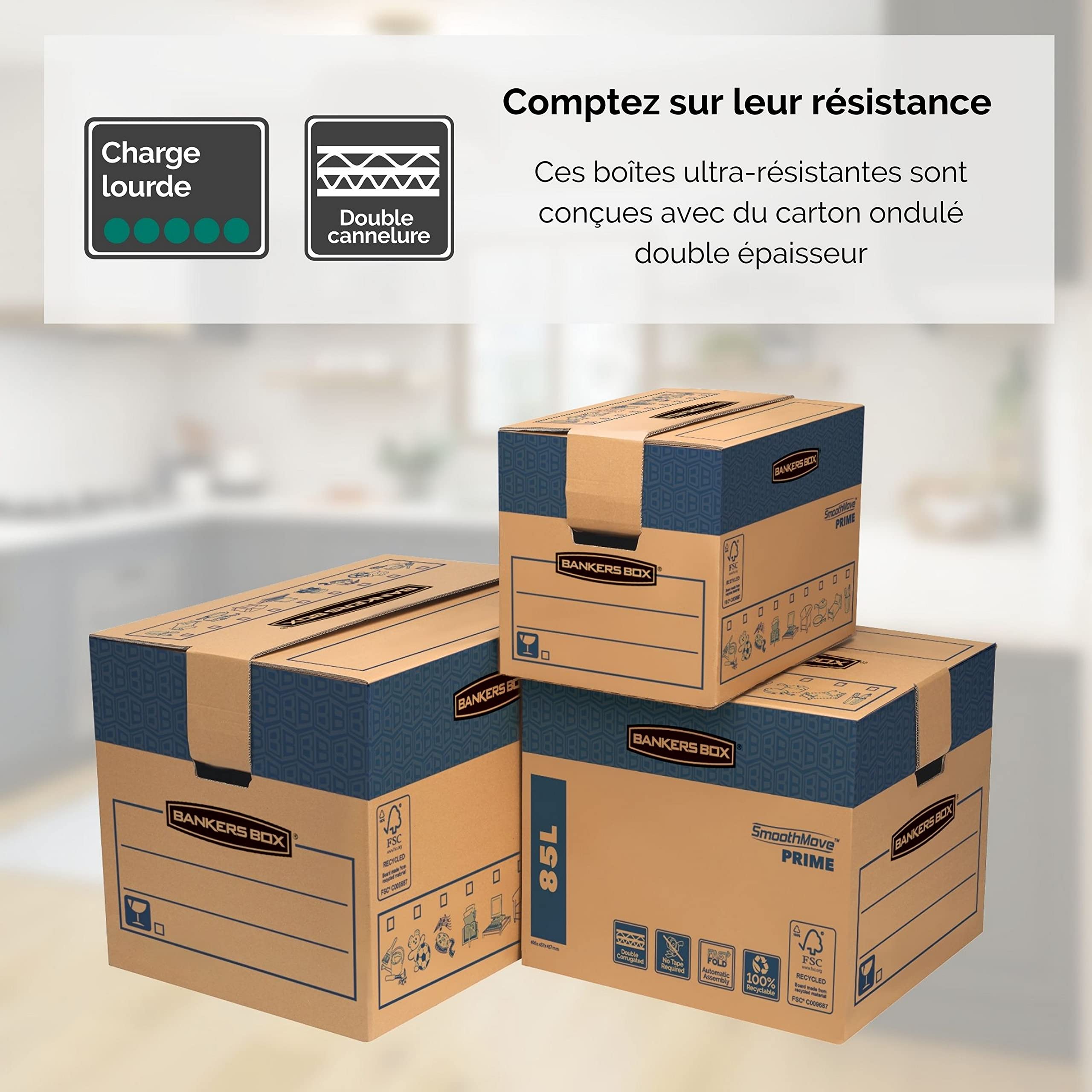 Fellowes 6205401 Caisses de déménagement à charge lourde montage automatique Bankers Box SmoothMove - Large - Lot de 5