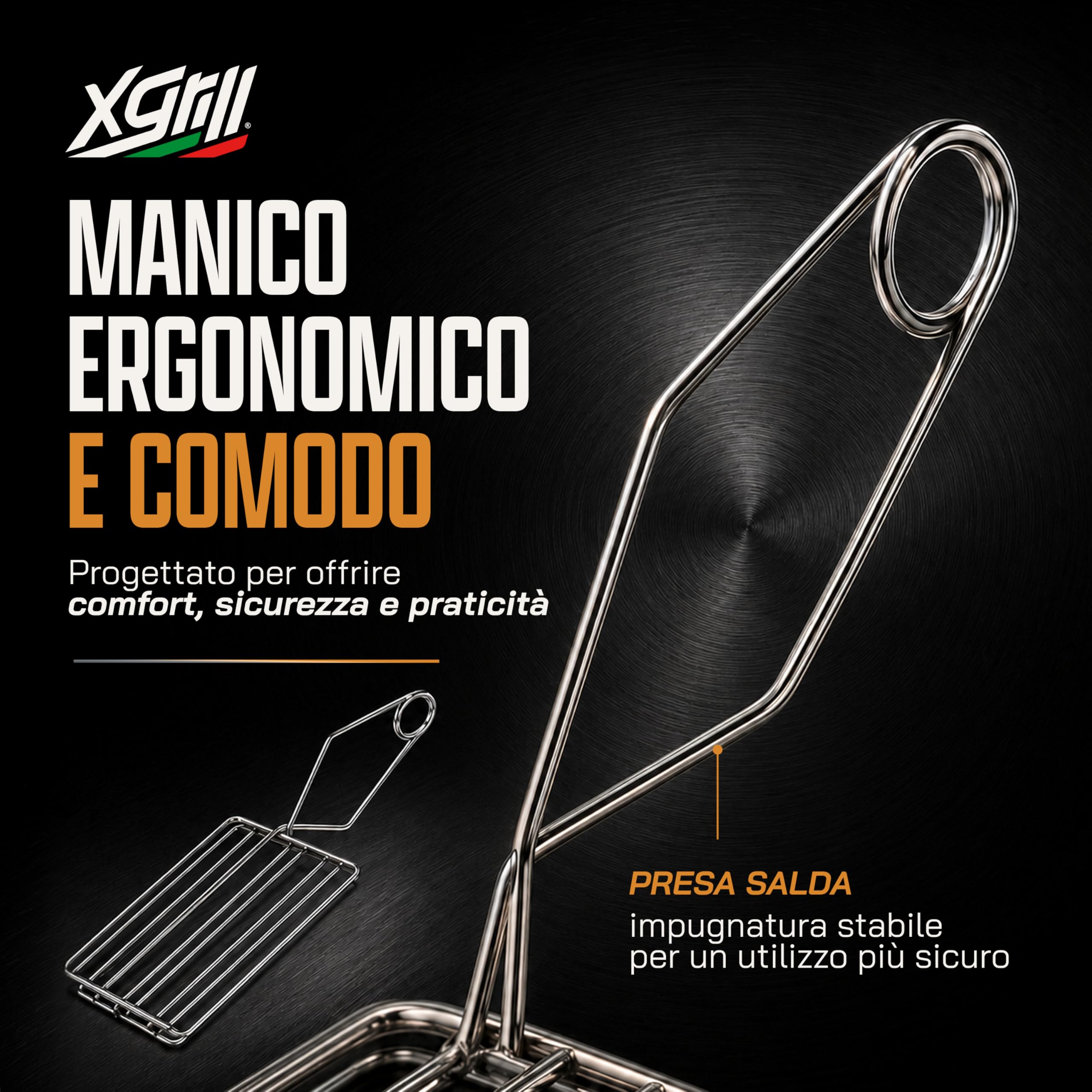 XGRILL | Pinza per Toast 18x10 cm in Acciaio cromato con Manico Ergonomico | Pinza Tostapane per Toast e Snack | Uso Domestico e Professionale | Made in Italy