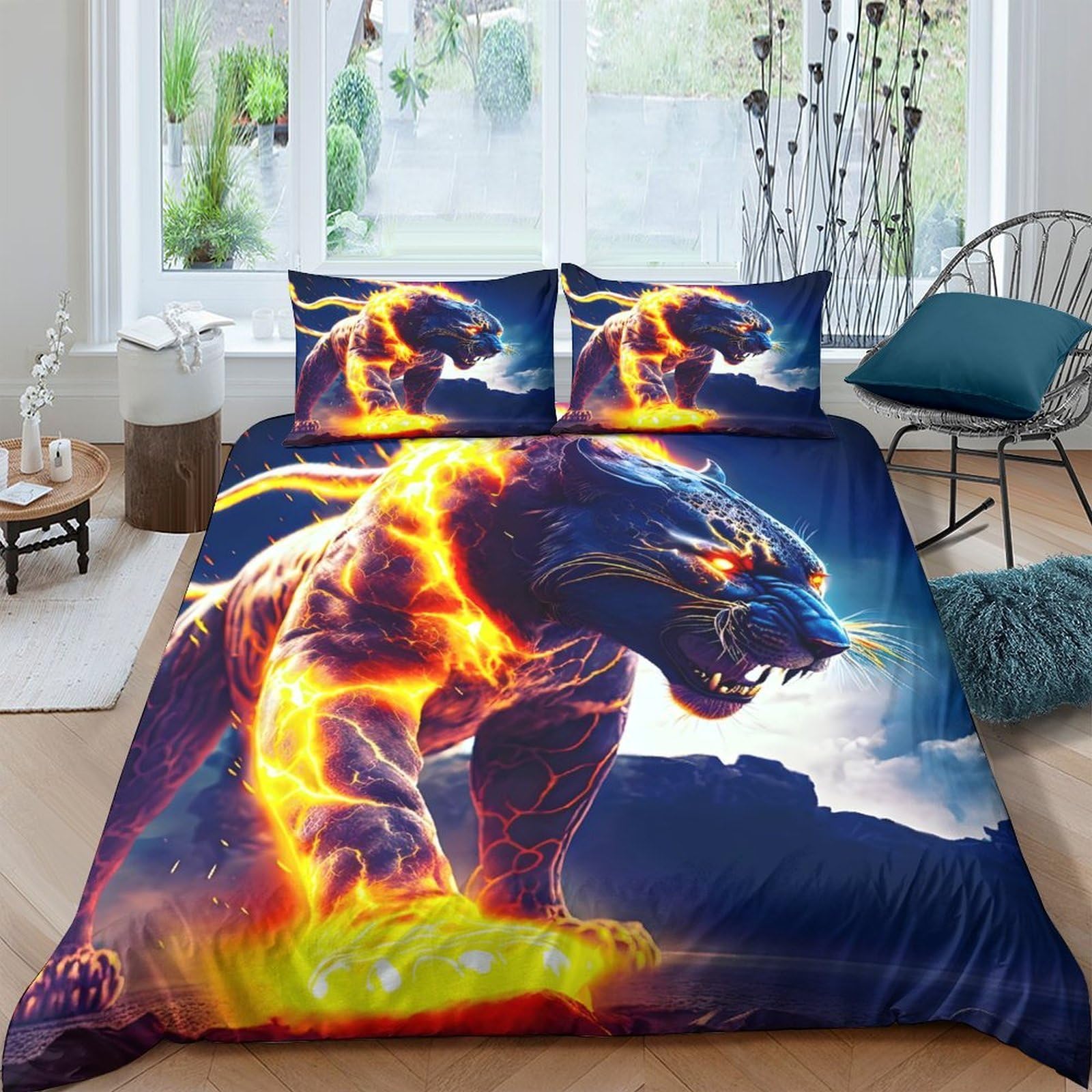 Ctjqhvkz Style-1 3D Printed Fiery Panther Fitted Sheet Microfiber Black Animal Mattress Cover Anti-Slip Bedroom Decor Machine Washable Single（135X200cm）