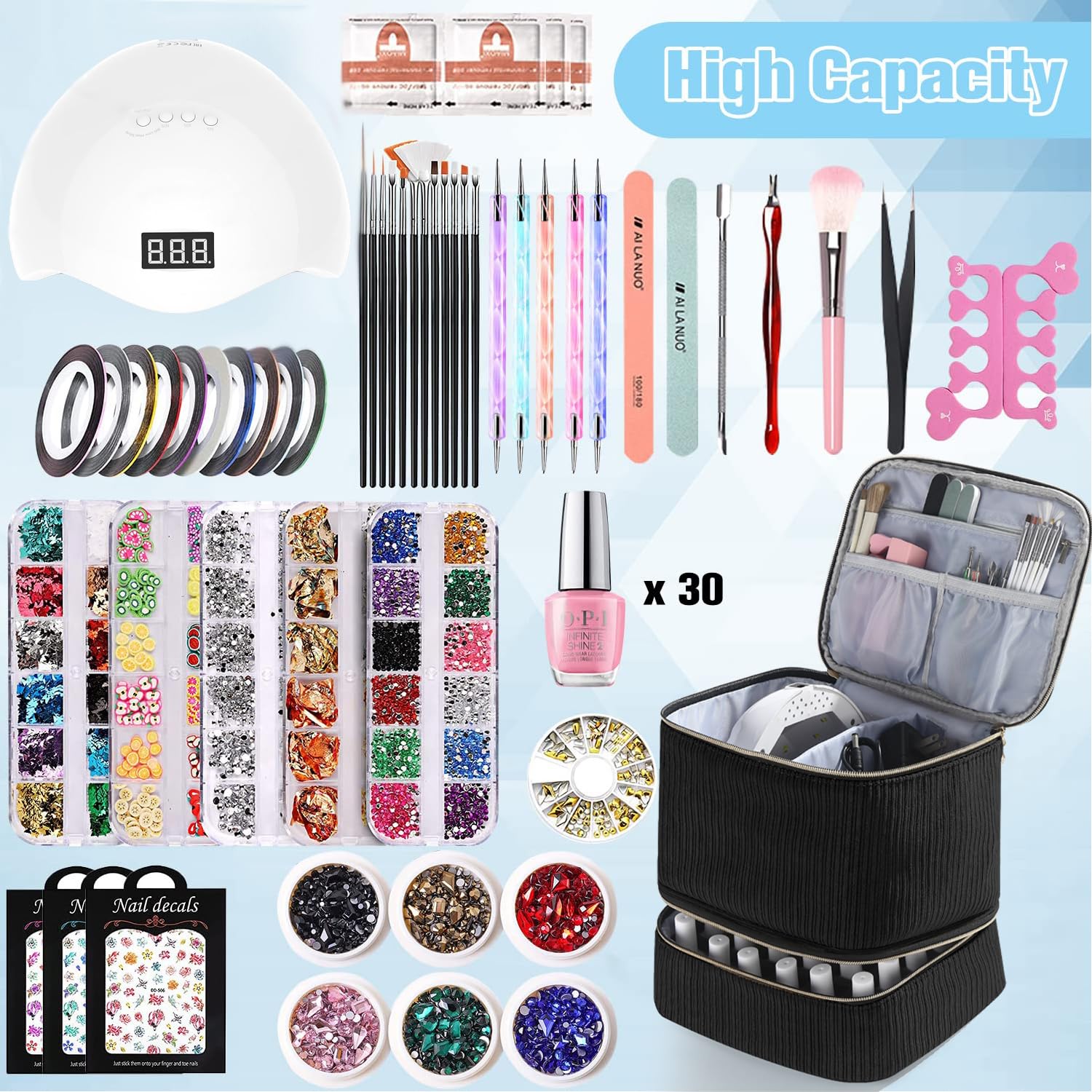 CTWWFS Organizador de esmalte de uñas y estuche para lámpara de uñas, organizador de kit de uñas con capacidad para 30 botellas (15 ml) y una lámpara de uñas, estuche de transporte de esmalte de uñas