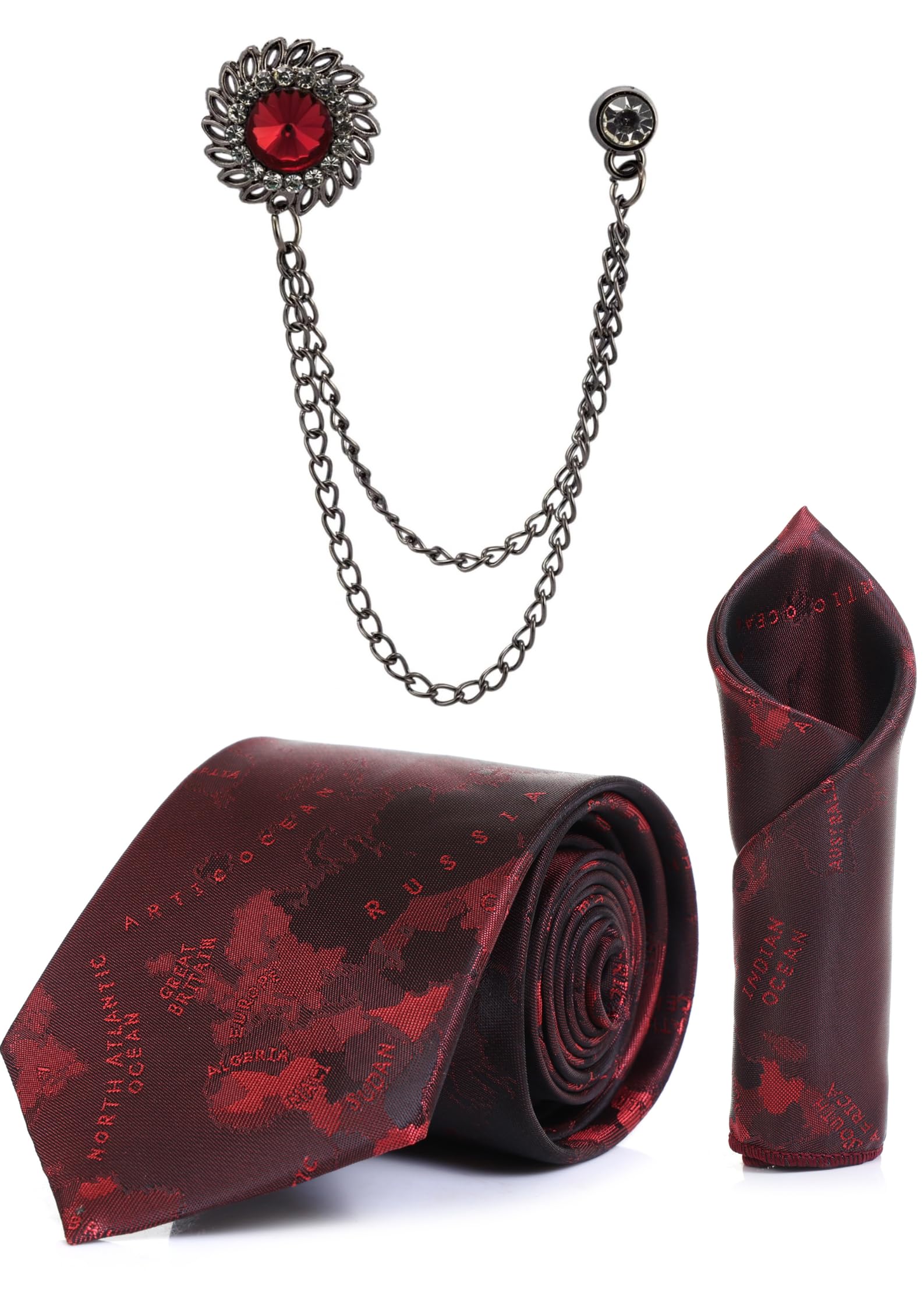 men necktie set with pocket square & double chain stylish brooch (pack of 3) formal combo