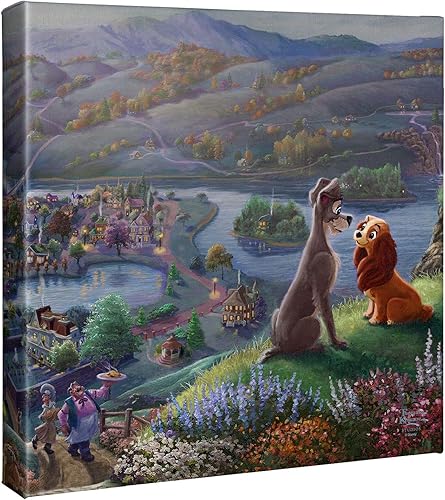 Thomas Kinkade Disney Lady and the Tramp Falling In Love - Lienzo envuelto en galería de 14 x 14 pulgadas, arte de pared de habitación sin marco,