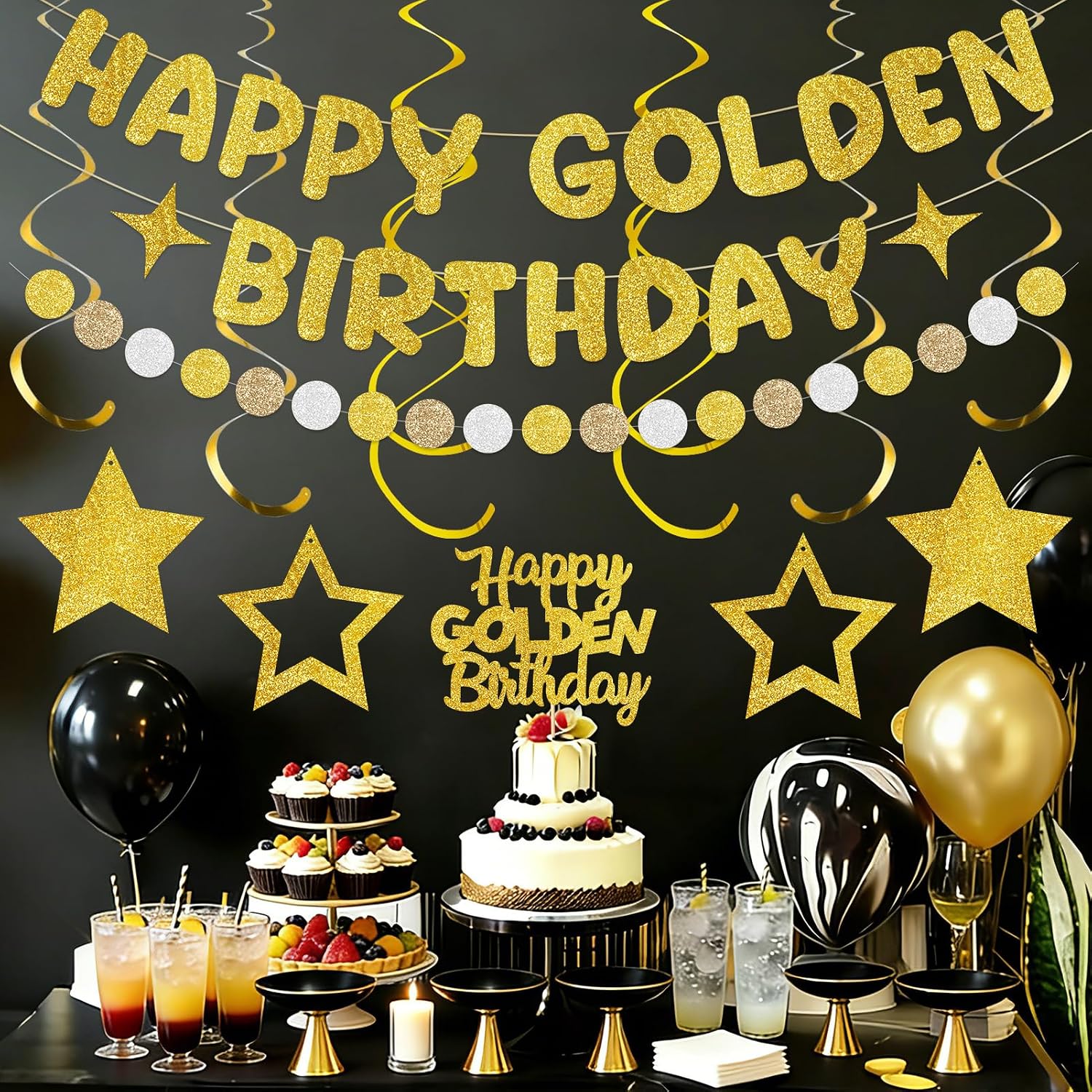 14Pcs Golden Birthday Party Decorations, Pre-strung Happy Golden Birthday Banner Garland Cake Topper Hanging Swirls for Birthday Party Decor, Gold Party Supplies for Women Men Girls Boys