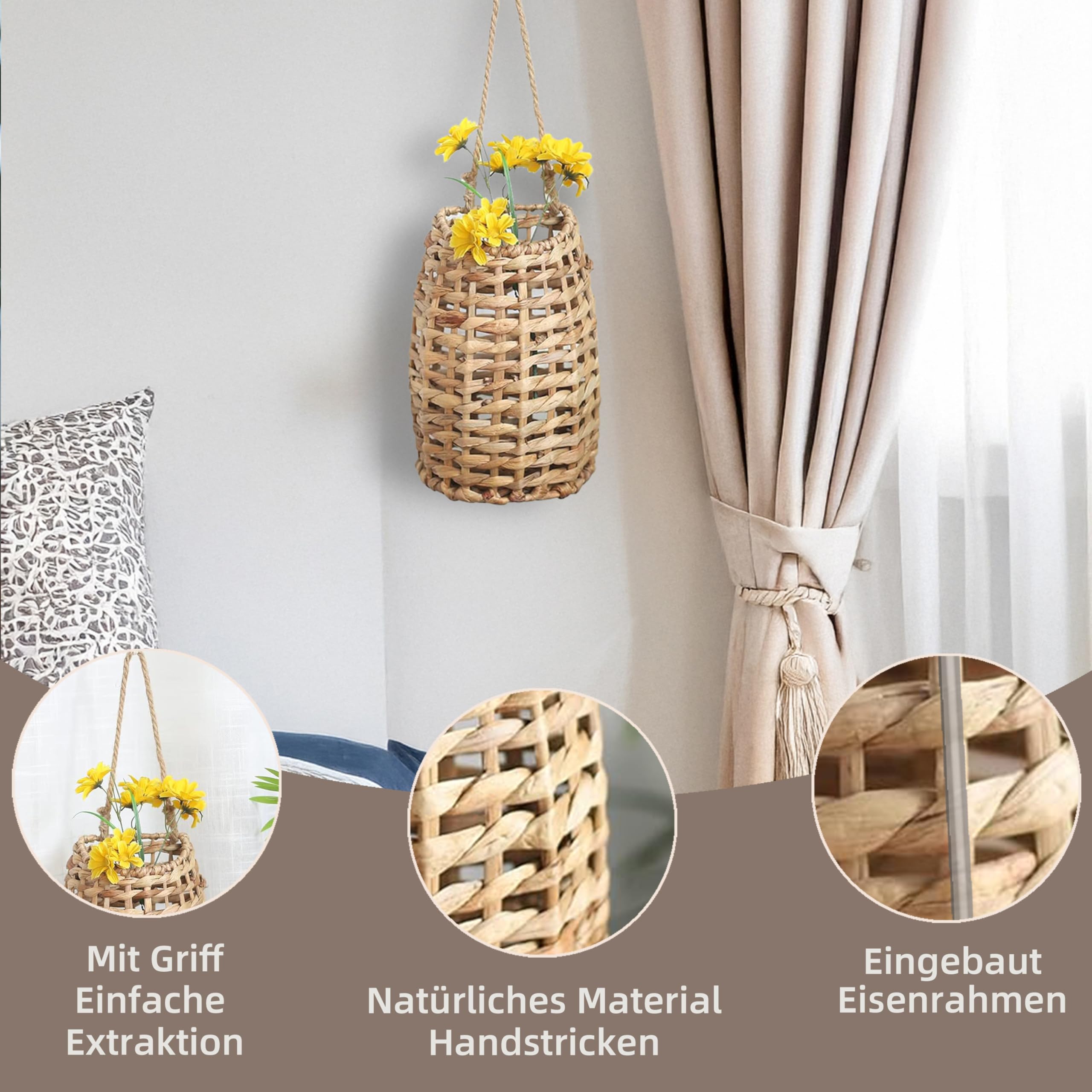 GYASVWU Handgewebte Wasserhyazinthe Gras Rattan Hängekorb Wandkorb mit Griff für Home Balkon Garten Farm Dekoration