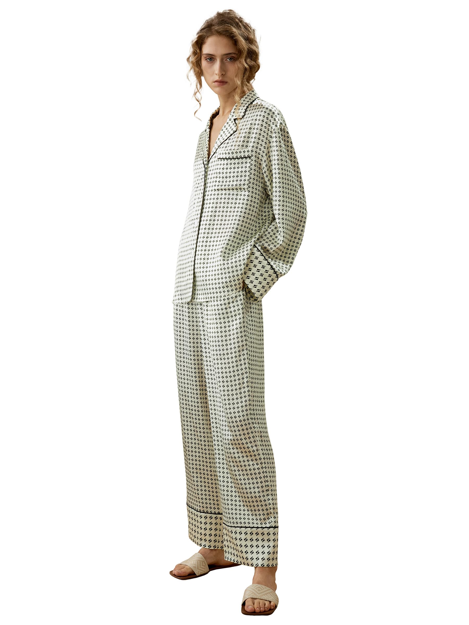 LilySilk 100% Seidenpyjama-Set für Damen Bedruckte Seidenpyjamas Hemdbluse mit Knopfleiste Reverskragen Übergroße Hose mit hoher Taille