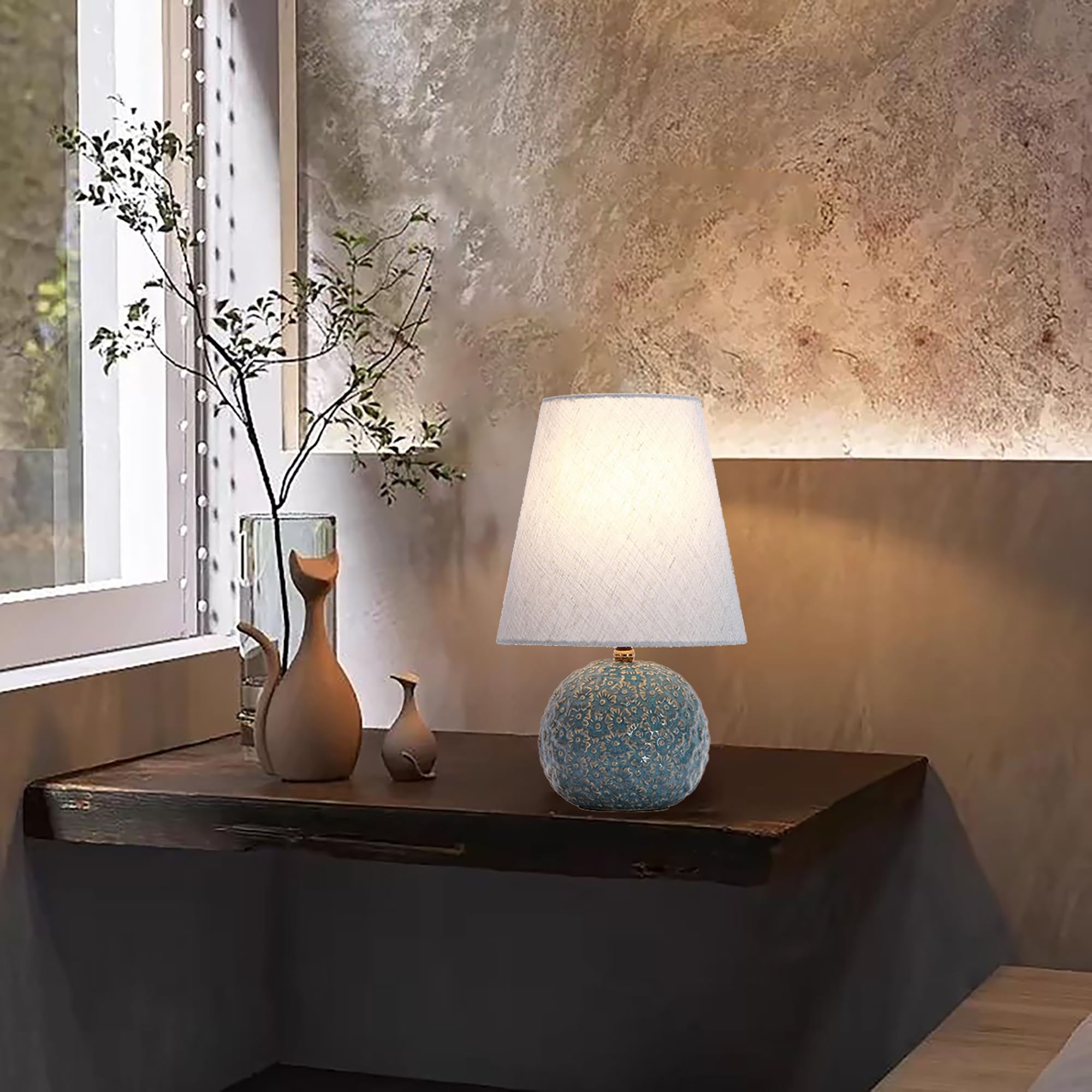 XINYASEE Lampada da tavolo in ceramica semplicità,Lampada da comodino vintage con paralume in tessuto,Lampada Da Scrivania Per la Casa Per Camera Da Letto,Soggiorno，E27 (blu)