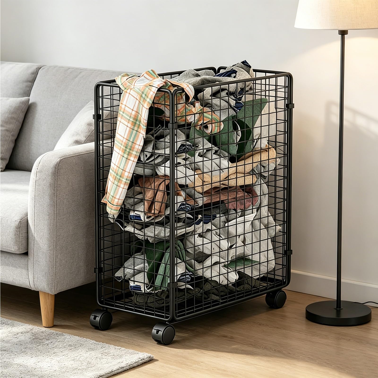 Folding Laundry Basket Household Storage Metal with Wheels,Rolling Hamper Cart,Mesh Framework,Dirty Clothes Organizer