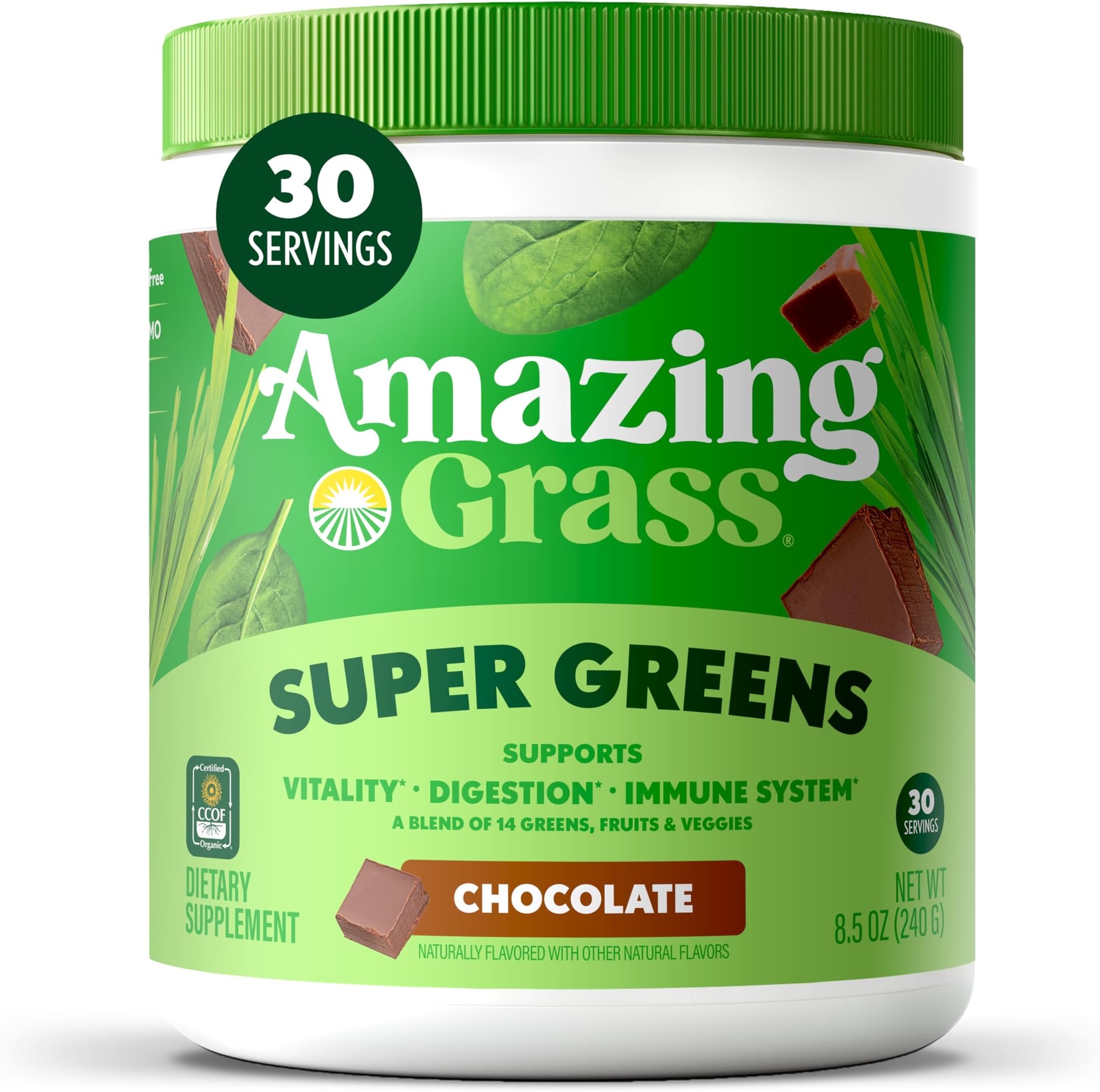 Amazing Grass Greens Blend Superfood: Super Greens Powder Smoothie Mix with Organic Spirulina, Chlorella, Beet Root Powder, Digestive Enzymes & Probiotics, Chocolate, 30 Servings (Packaging May Vary)