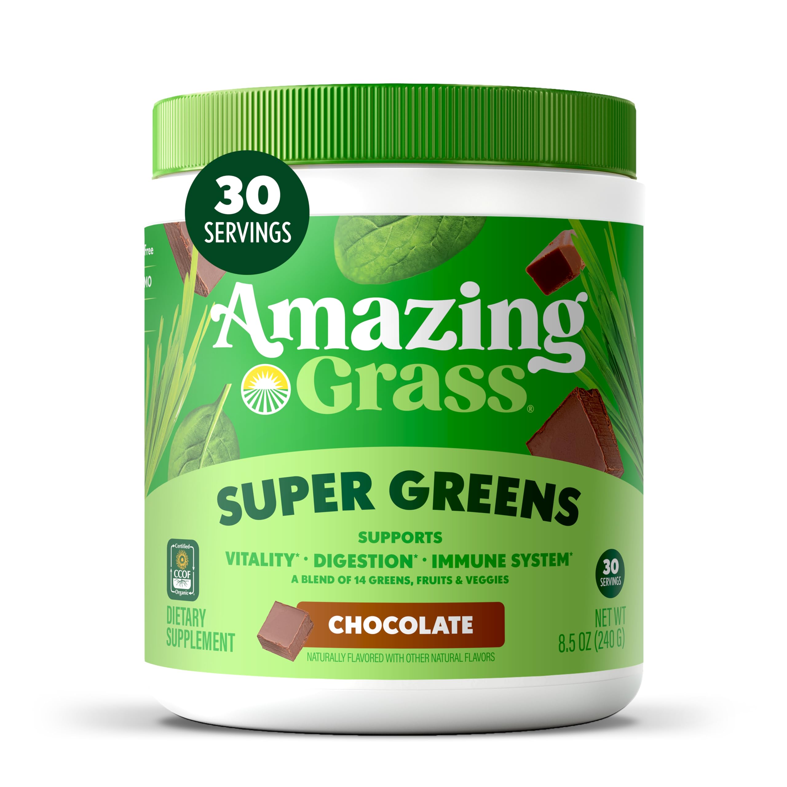 Amazing Grass Greens Superfood Powder: Greens Powder with Digestive Enzymes & Probiotics, Organic Spirulina, Chlorella, and Beet Root Powder, Chocolate, 30 Servings
