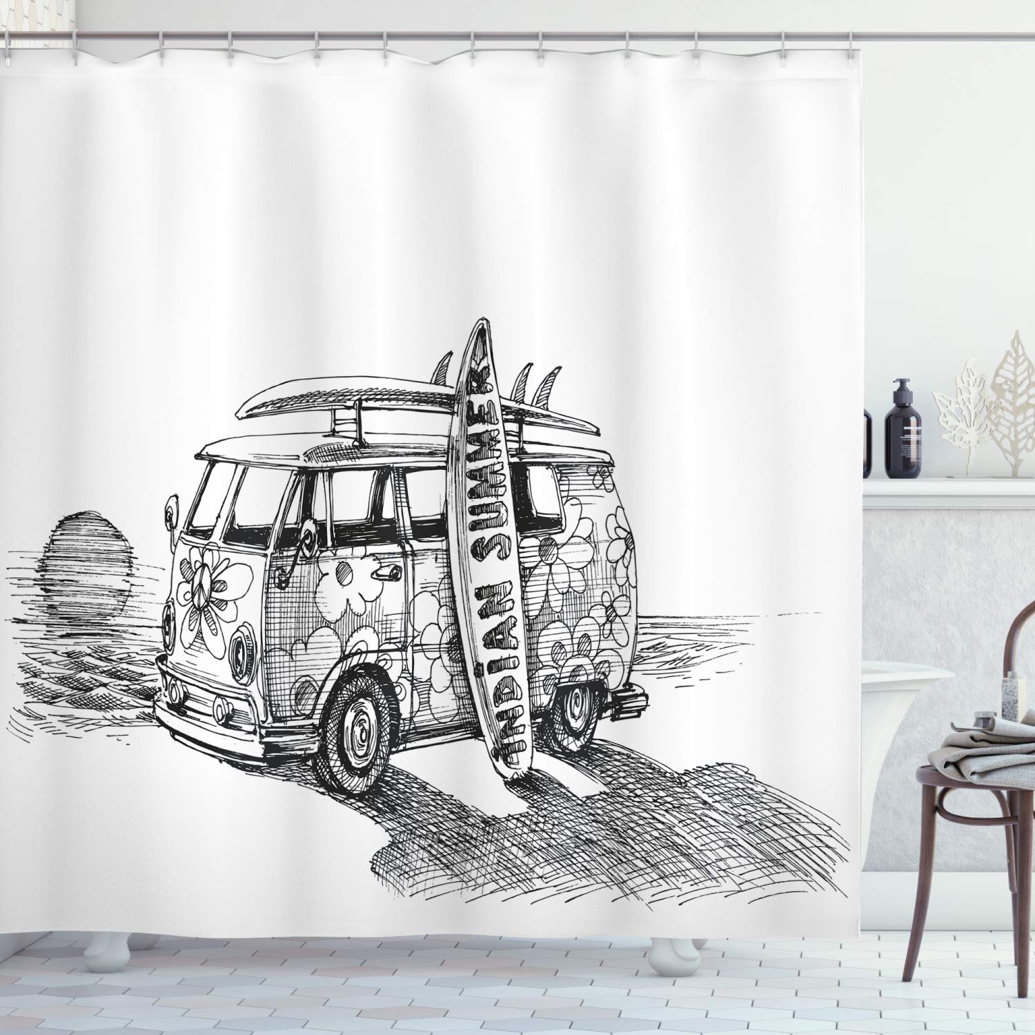 ABAKUHAUS Sketchy Shower Curtain, Summer Surfing Beach, Cloth Fabric Bathroom Decor Set with Hooks, 94 Inches, Charcoal Grey White — image 1