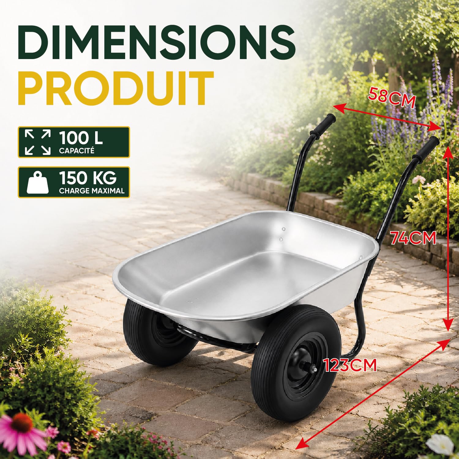 Carriola a 2 ruote ultra stabile, serbatoio in acciaio zincato da 100 l, carico max. 150 kg - Telaio tubolare rinforzato - Giardinaggio e lavori esterni