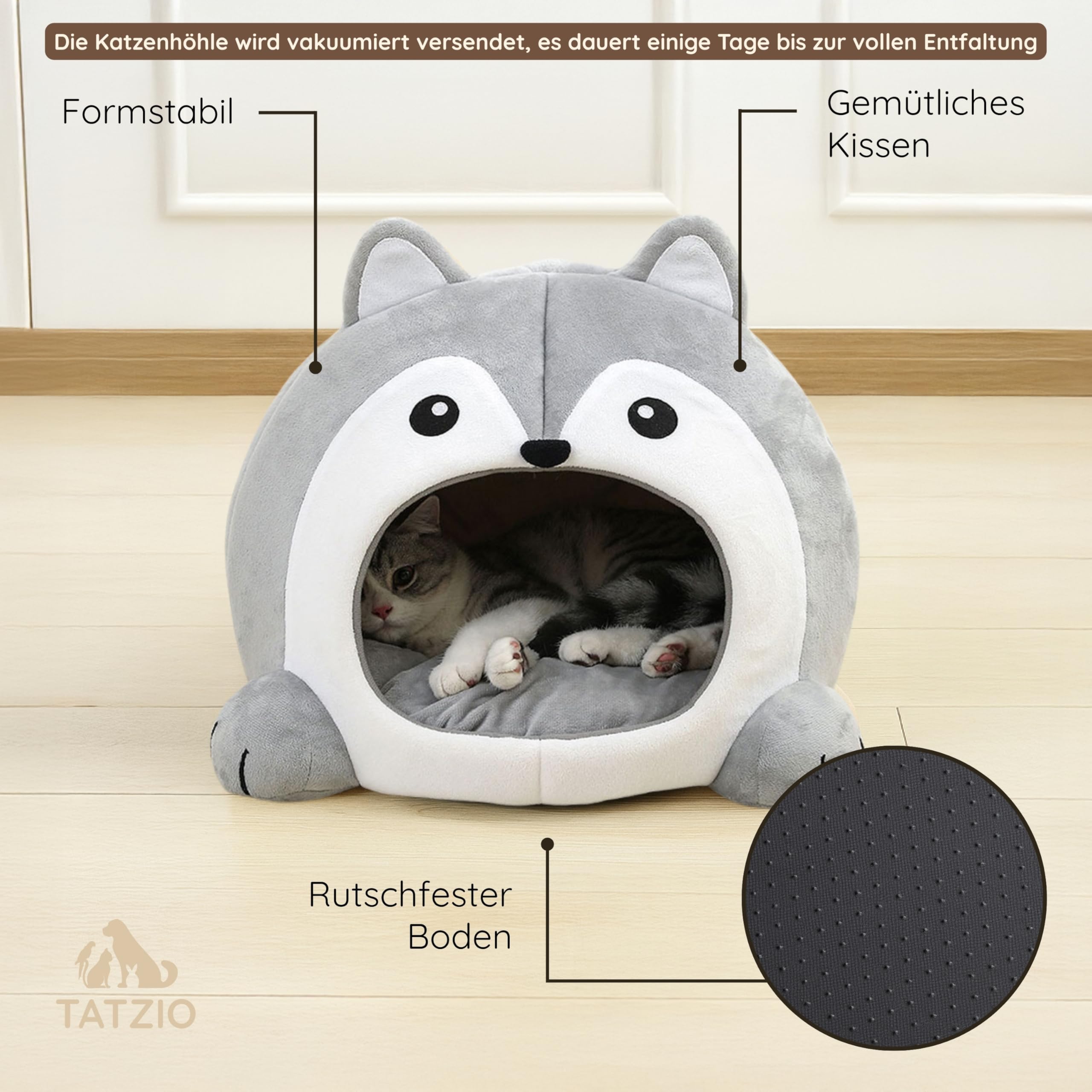 Designer Katzenhöhle grau – Lustige Schlafhöhle & Katzenhaus mit Kissen, Katzenbett, Faltbarer Rückzugsort für Katzen, Kitten und Kater, kuschelig & formstabil