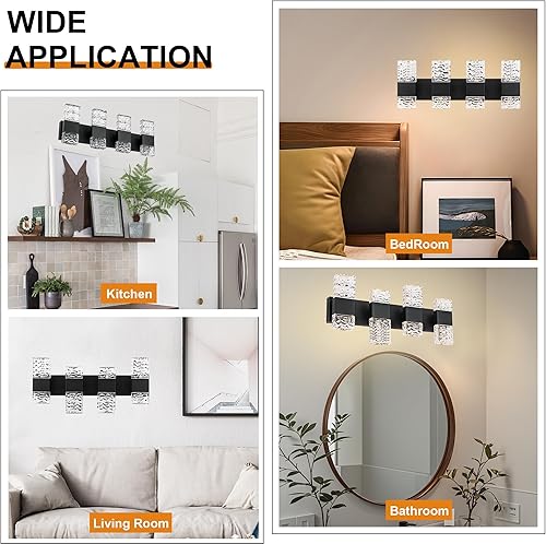 Miniatura 3 de VINLUZ Lámparas LED de baño sobre espejo, 4 luces negras claras con pantalla de cristal, apliques clásicos de pared de baño de 32 W para armarios