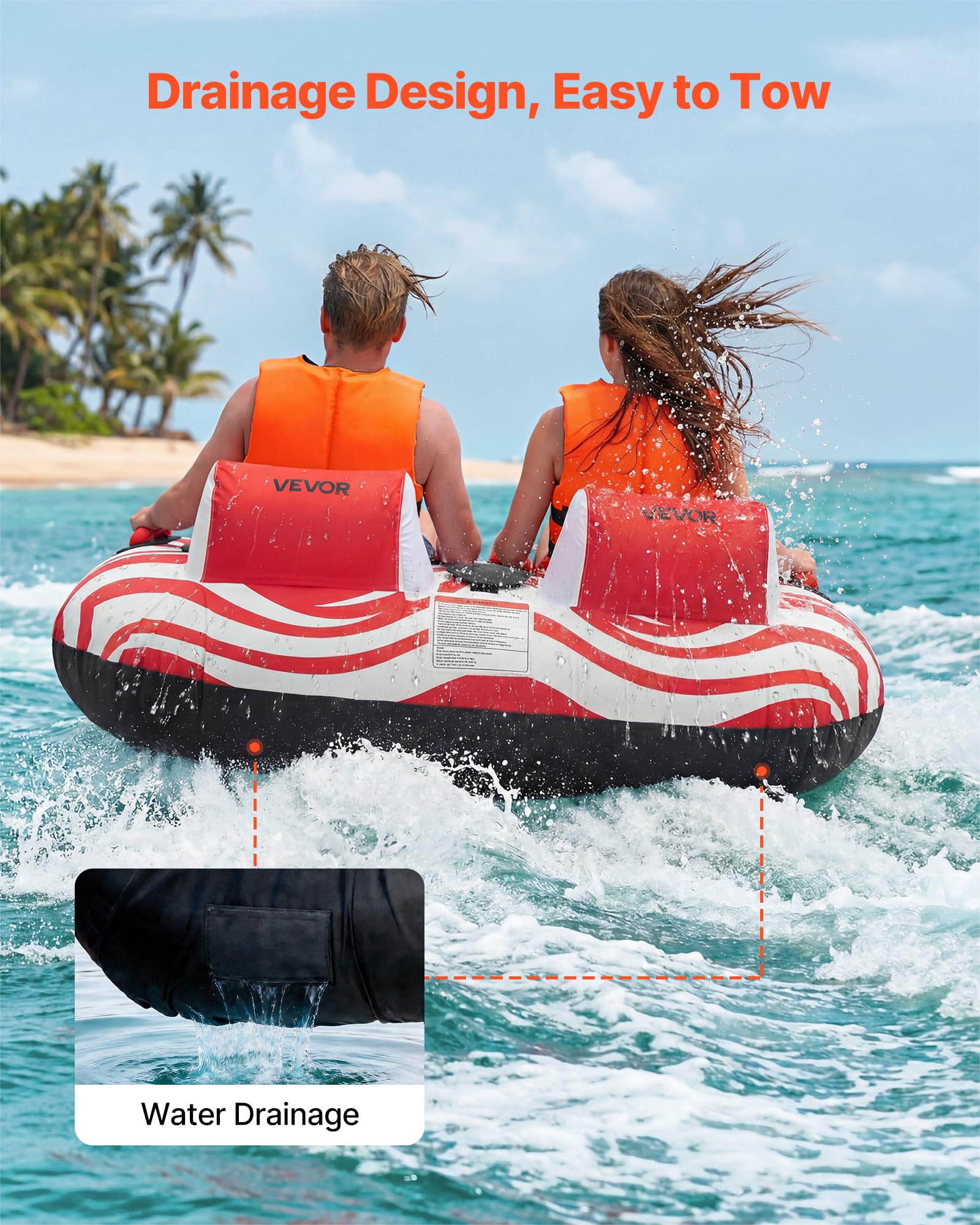 VEVOR Flotador de Arrastre Inflable para Deportes Acuáticos 163 x 160 x 56 cm, 2 Personas, 154 kg, Rojo