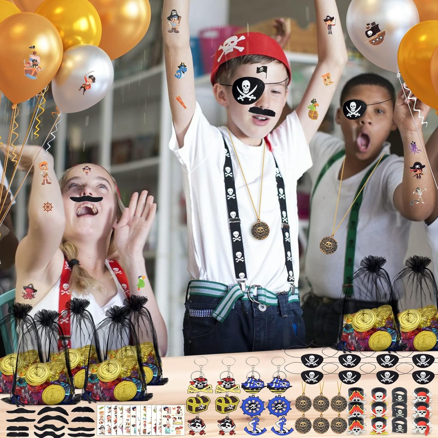168Pcs Pirate Party Favors Supplies, Pirate Birthday Party Decorations, Pirate Gift Bags with Pirate Eye Patch Mustache Gold Coins Gems Tattoos for Kids Boys Pirate Birthday Party Goodie Bag Fillers