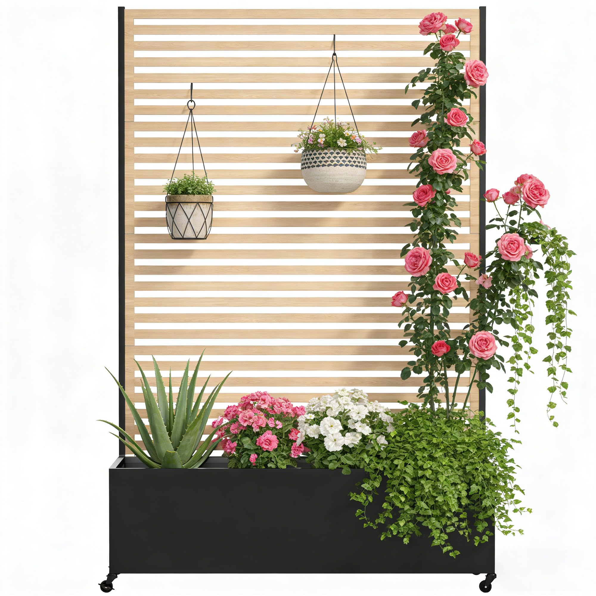 Fioriera da esterno in metallo con traliccio, aiuola rialzata in metallo con ruote, fioriera da esterno indipendente con schermo per la privacy, per fiori, verdure in giardino, patio, balcone