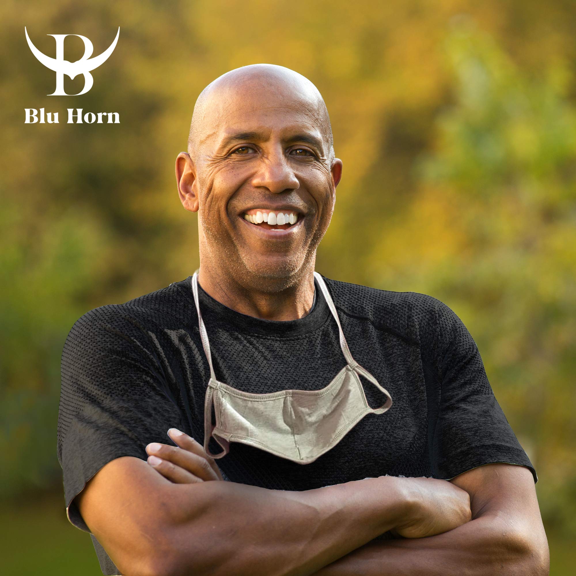 BLU HORN Cotton Breathable Face Mask - Dual Layer Reusable Full Face Mask for Men & Women with Adjustable Loops & Lanyard - Black, Blue, Gray, X-Large (3 Pack)