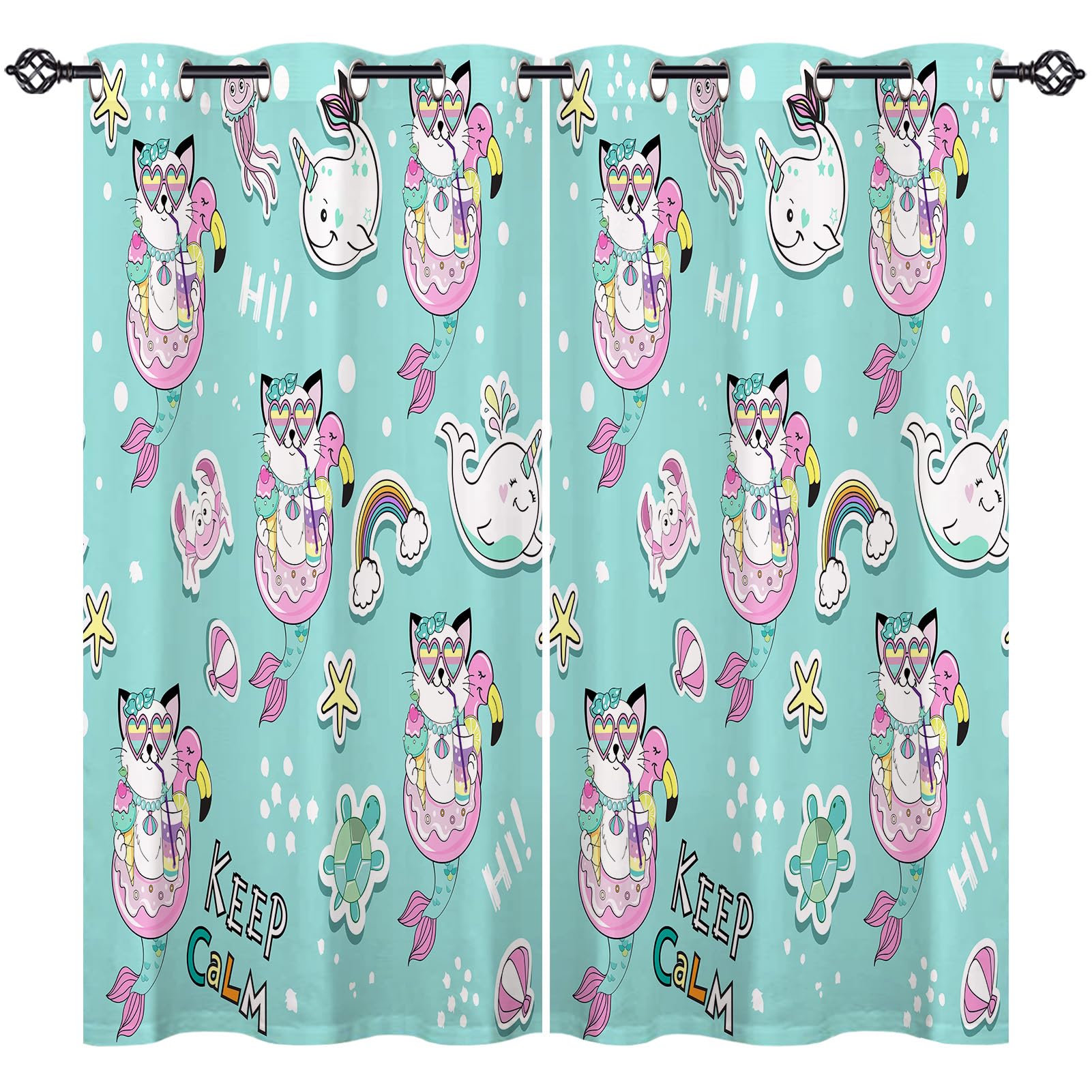 ANHOPE Cute Mermaid Cat Blackout Eyelet Curtains 2 Panels W 55" x L 63"