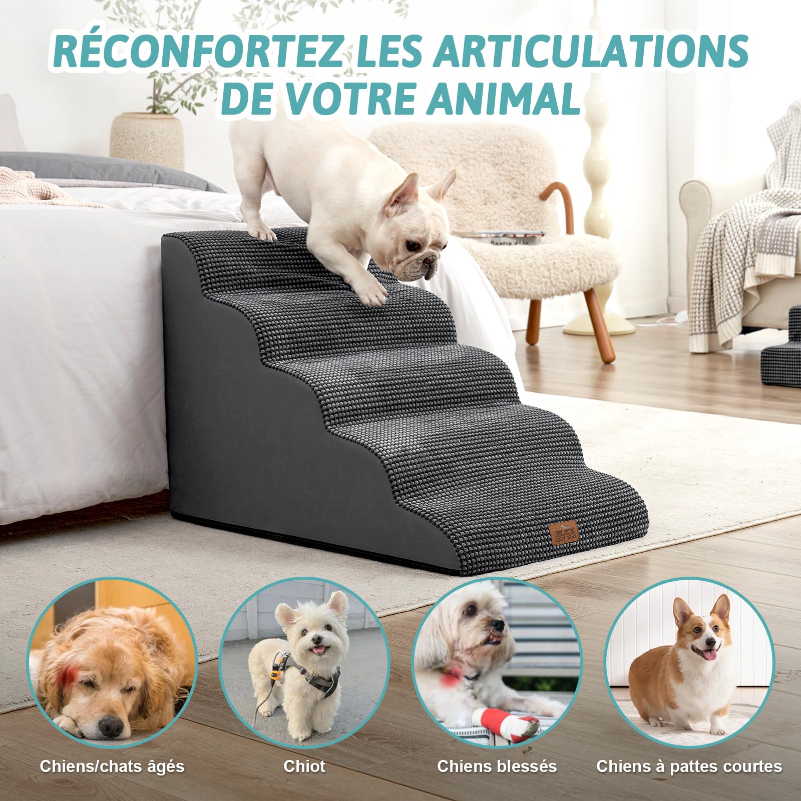 COZY KISS Large escalier pour Chien et Petit Animal Domestique avec Housse Anti-Fuite (Noir grisâtre, 50x83x57cm, 5.0)