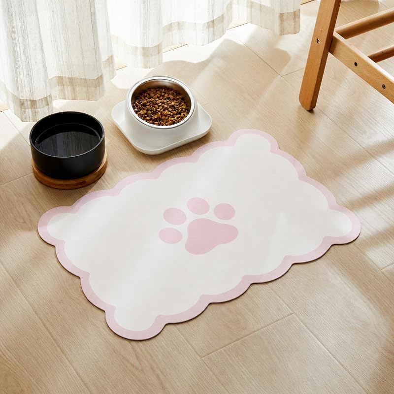 Tapete para Alimentação de Cães em Couro Vegano com Base de Borracha, Rosa e Branco, 35,56 x 48,26 cm, Ralxion