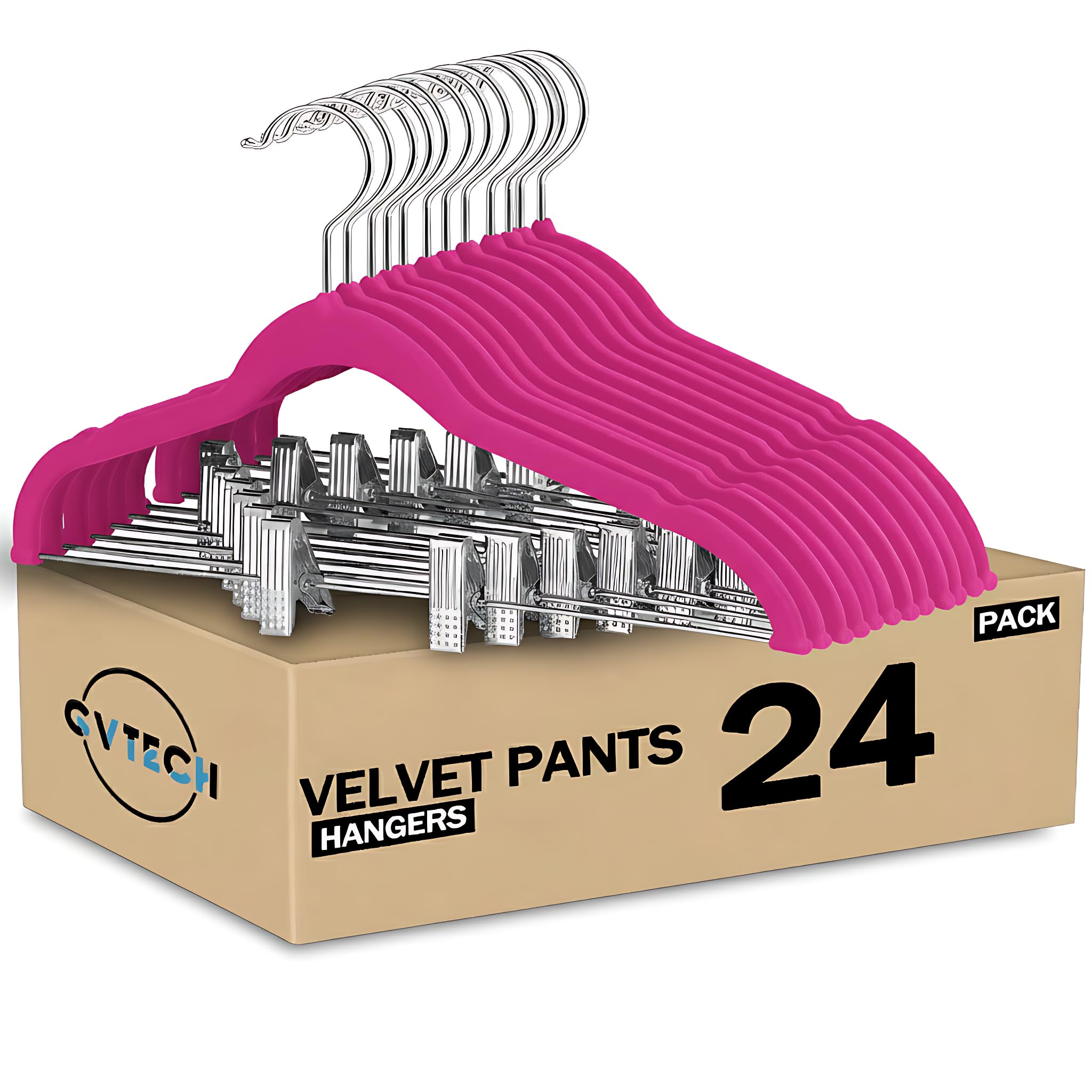 GVTECH Grucce in velluto con clip, confezione da 24 grucce in metallo per pantaloni, gonne, abiti, abiti e camicie, appendiabiti in feltro antiscivolo (rosa, confezione da 24)